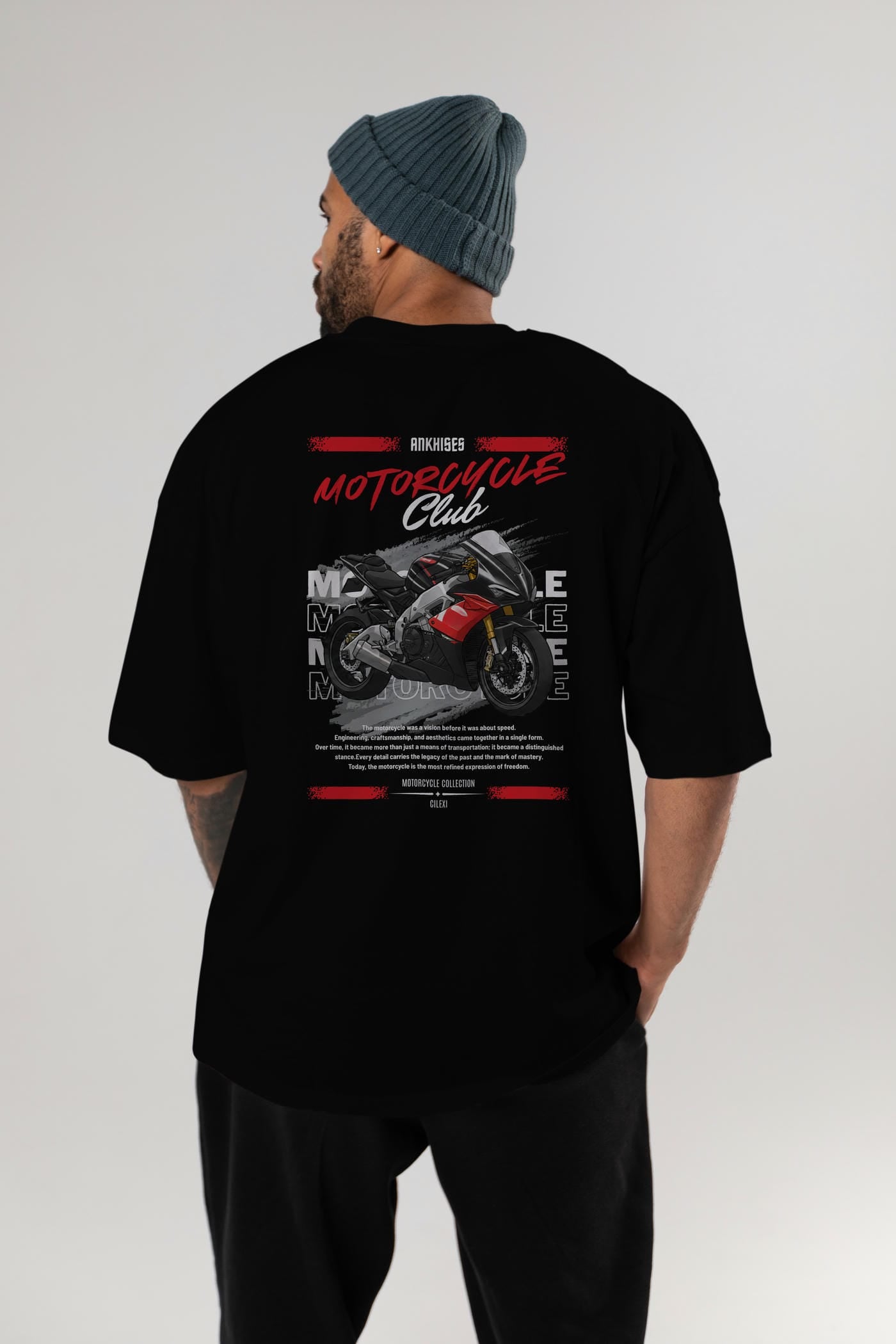 Motosiklet Serisi 8 Arka Baskılı Oversize t-shirt Erkek Kadın %100 Pamuk Bisiklet Yaka tişort