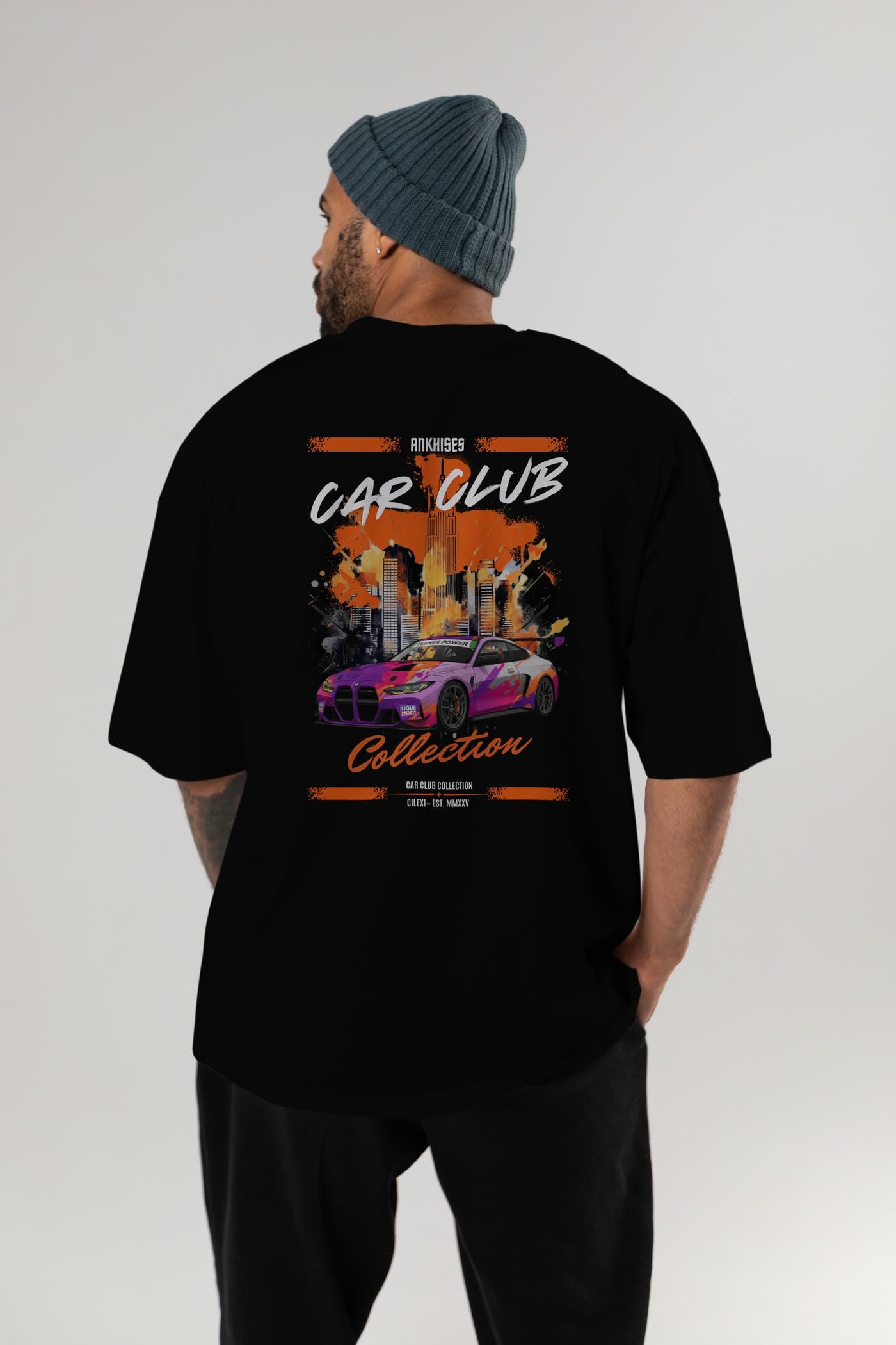 Araba Club Serisi 4 Baskılı Oversize t-shirt Erkek Kadın %100 Pamuk Bisiklet Yaka tişort