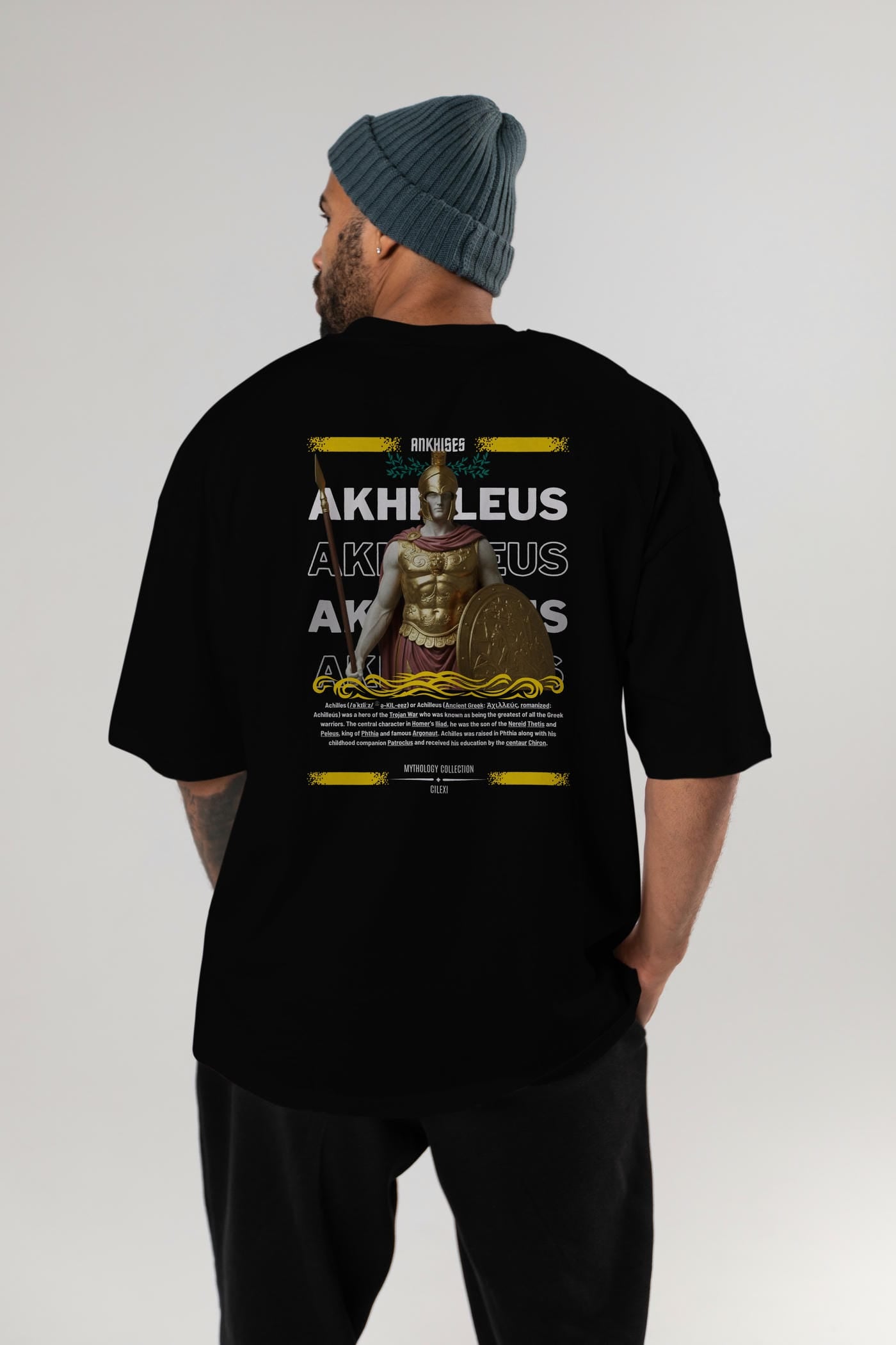 Akhilleus 1 Arka Baskılı Oversize t-shirt Erkek Kadın %100 Pamuk Bisiklet Yaka tişort