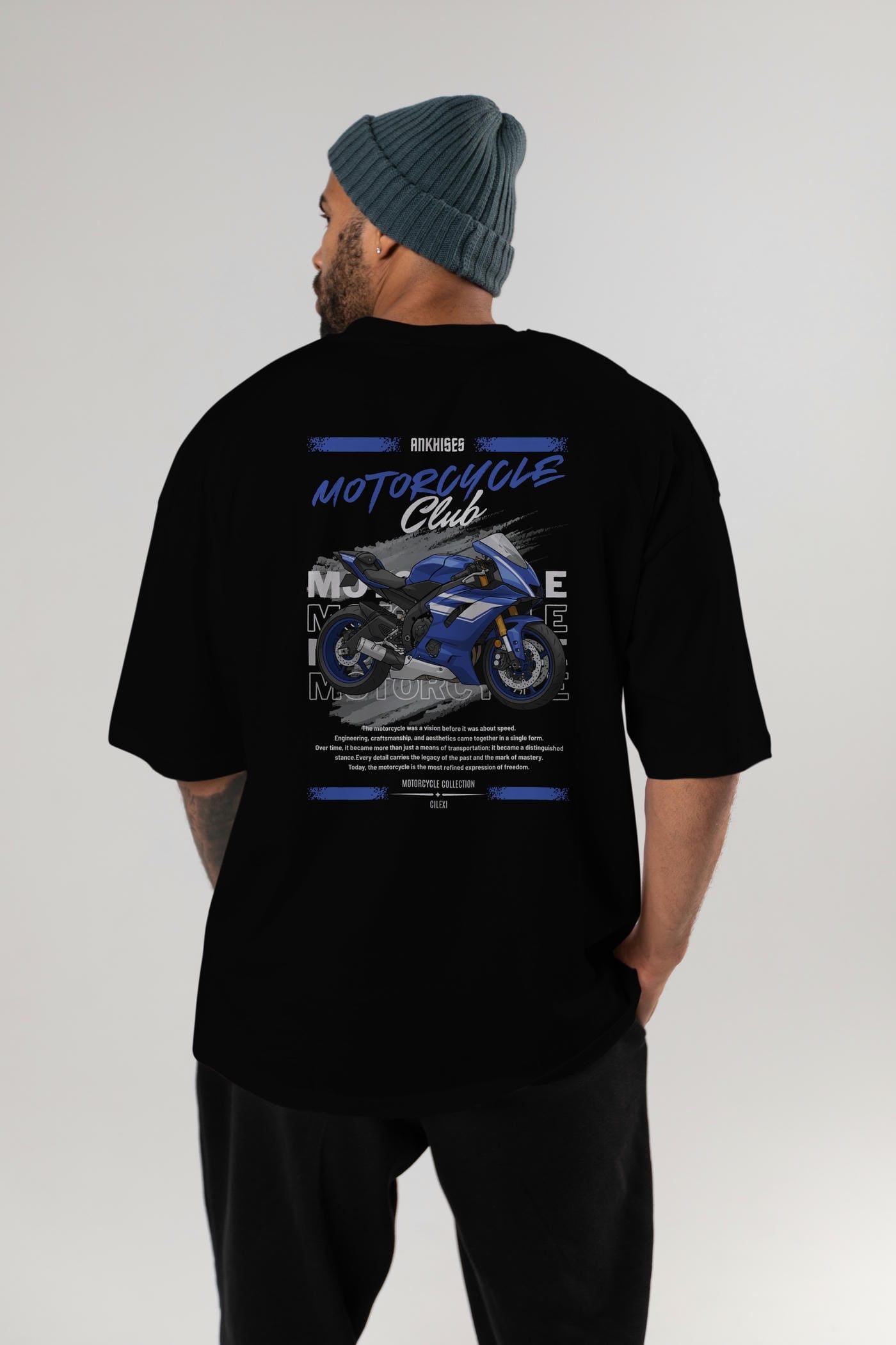 Motosiklet Serisi 32 Arka Baskılı Oversize t-shirt Erkek Kadın %100 Pamuk Bisiklet Yaka tişort