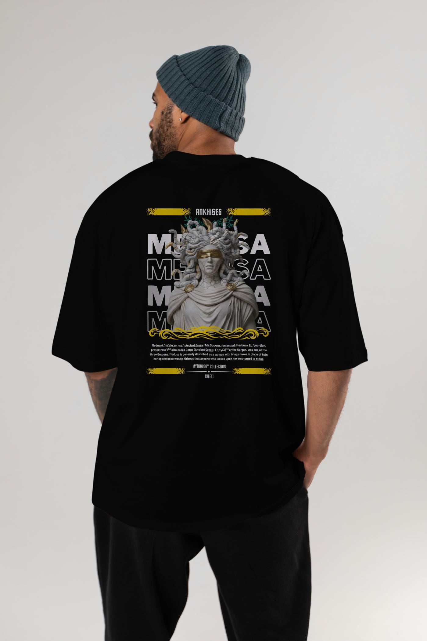 Medusa 2 Arka Baskılı Oversize t-shirt Erkek Kadın %100 Pamuk Bisiklet Yaka tişort