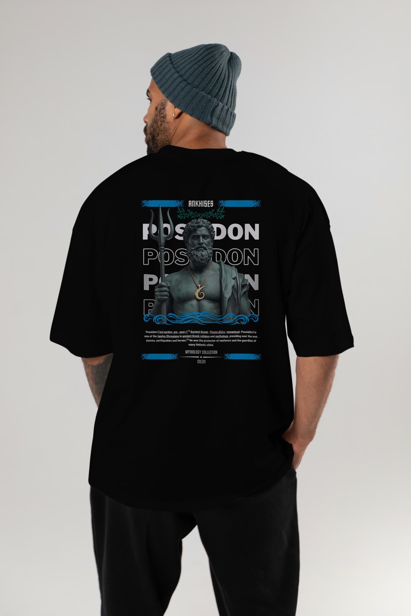 Poseidon 1 Arka Baskılı Oversize t-shirt Erkek Kadın %100 Pamuk Bisiklet Yaka tişort