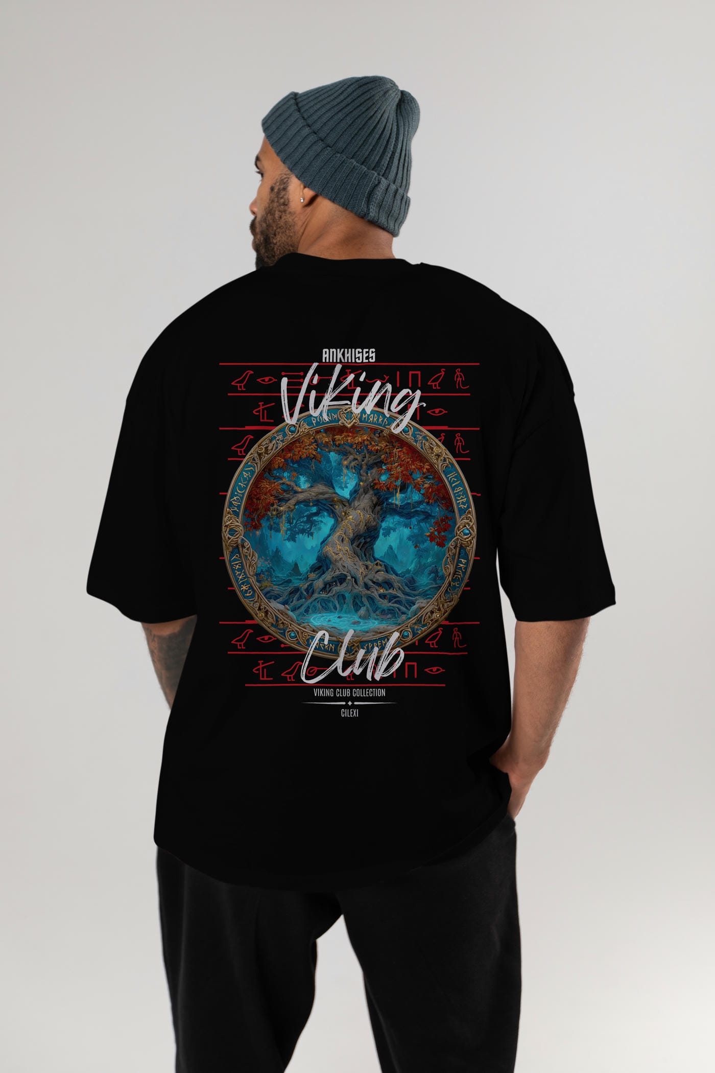 Yggdrasil Arka Baskılı Oversize t-shirt Erkek Kadın %100 Pamuk Bisiklet Yaka tişort