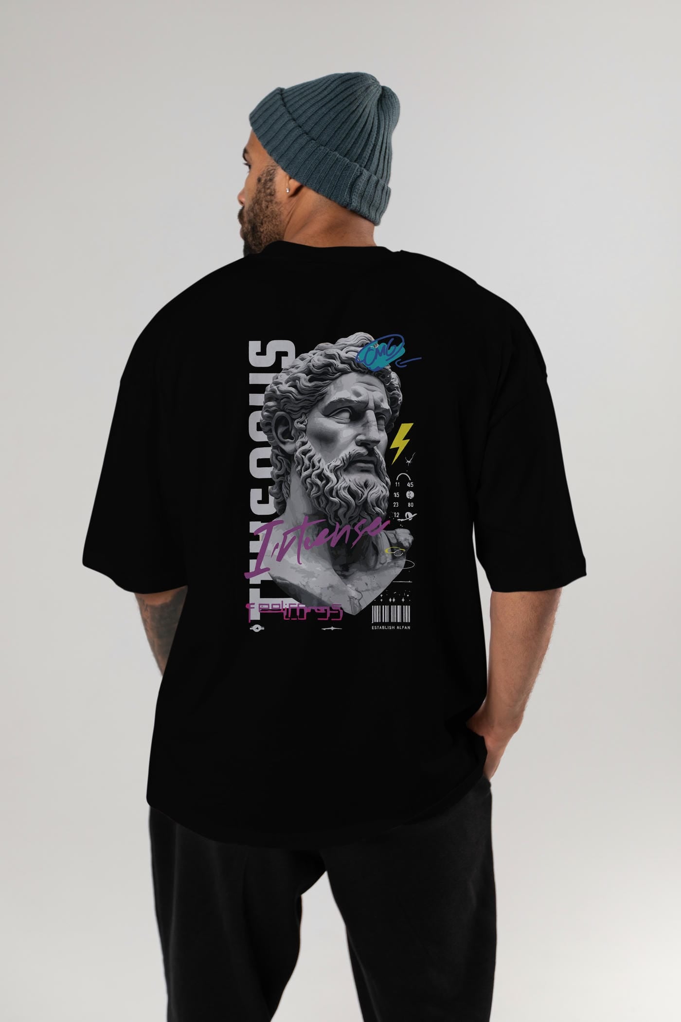 Zeus Intense Arka Baskılı Oversize t-shirt Erkek Kadın %100 Pamuk Bisiklet Yaka tişort