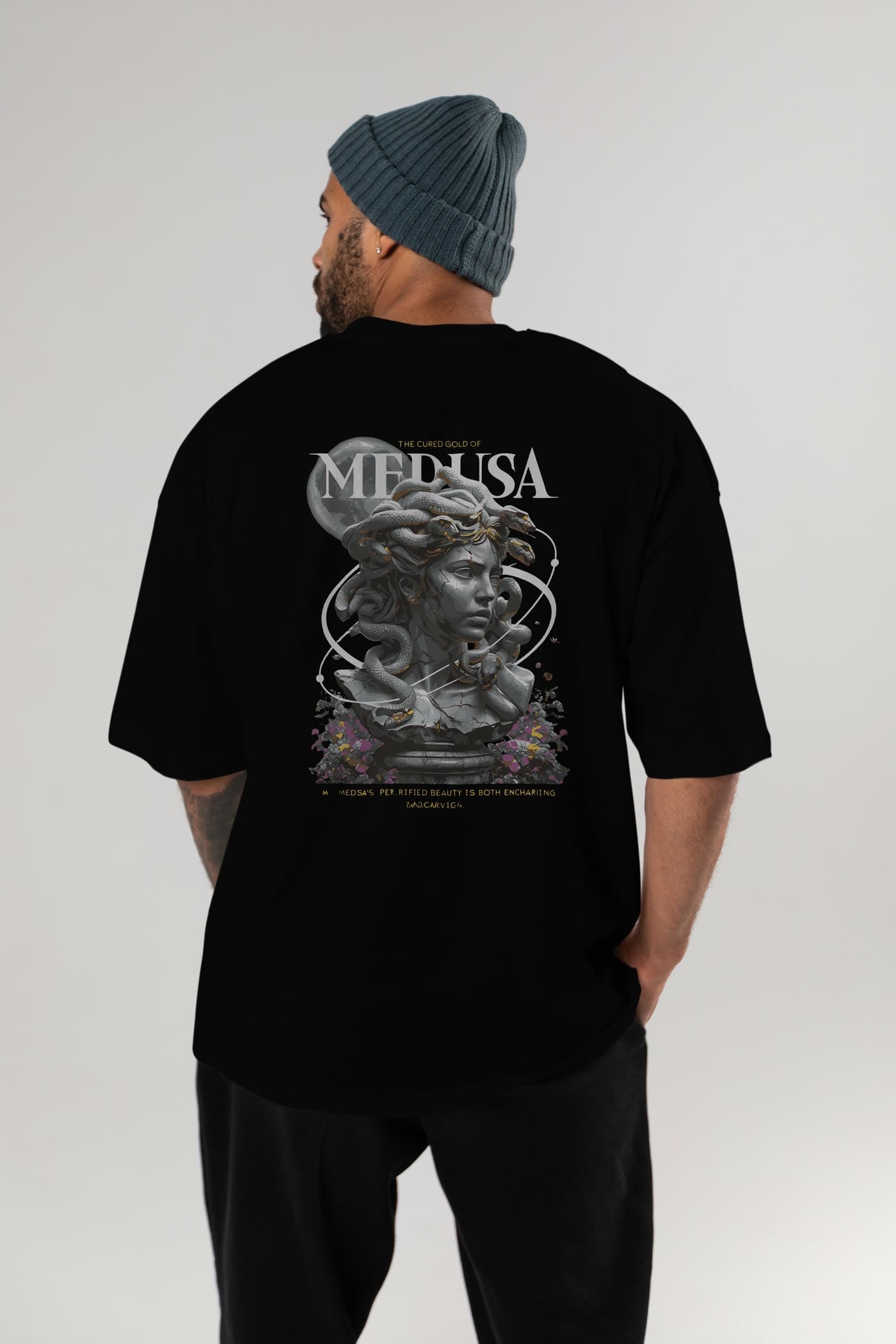 Medusa Arka Baskılı Oversize t-shirt Erkek Kadın %100 Pamuk Bisiklet Yaka tişort