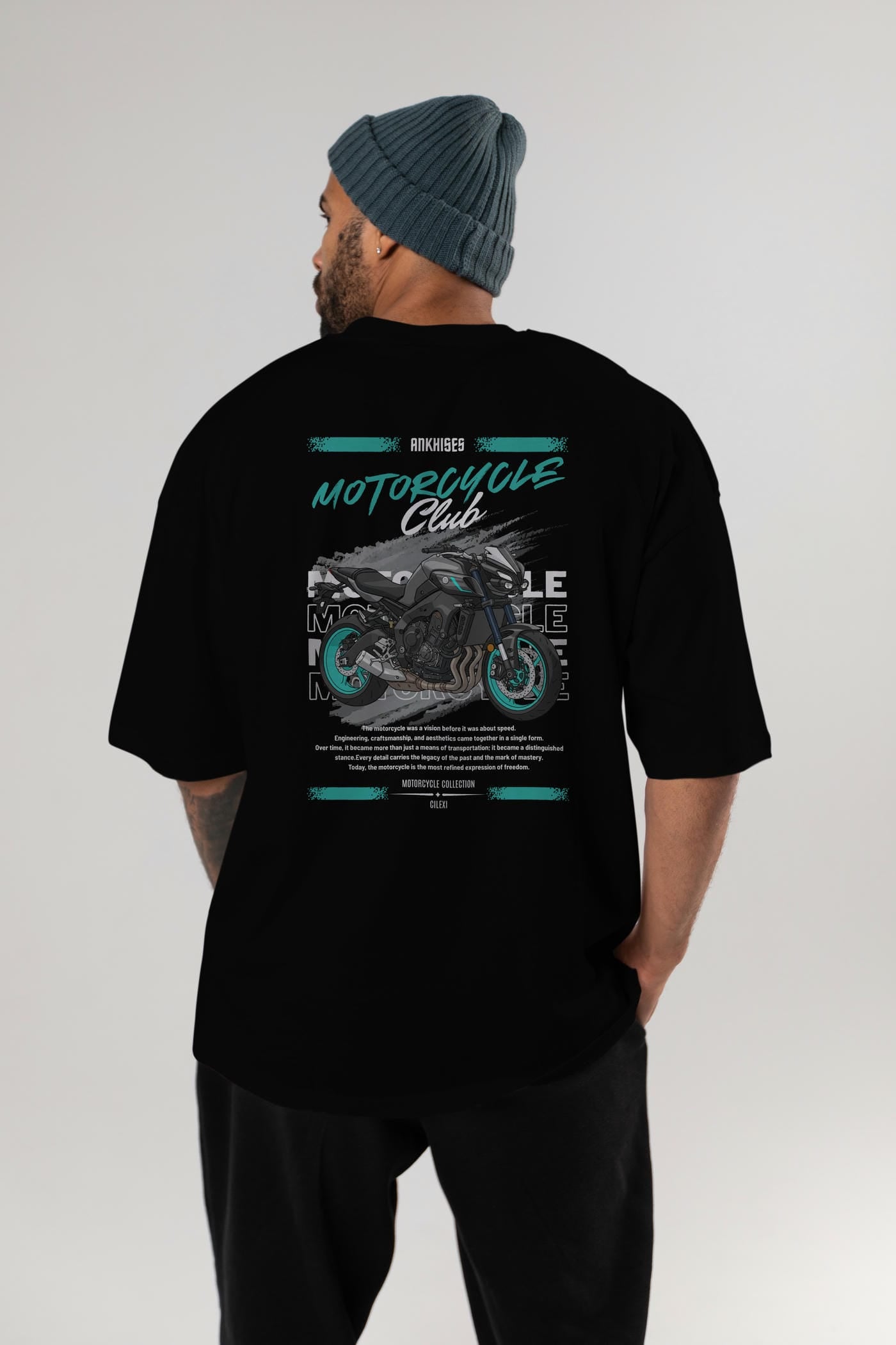Motosiklet Serisi 21 Arka Baskılı Oversize t-shirt Erkek Kadın %100 Pamuk Bisiklet Yaka tişort