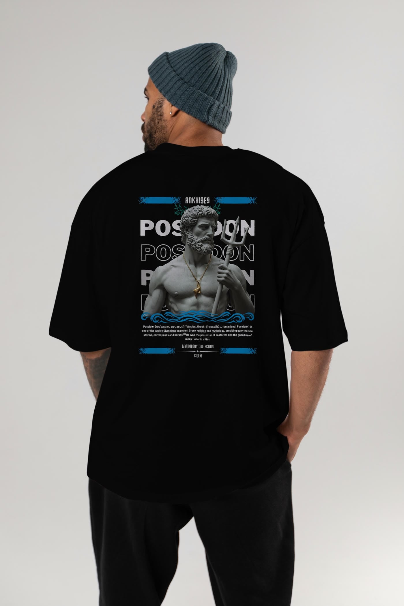 Poseidon 3 Arka Baskılı Oversize t-shirt Erkek Kadın %100 Pamuk Bisiklet Yaka tişort