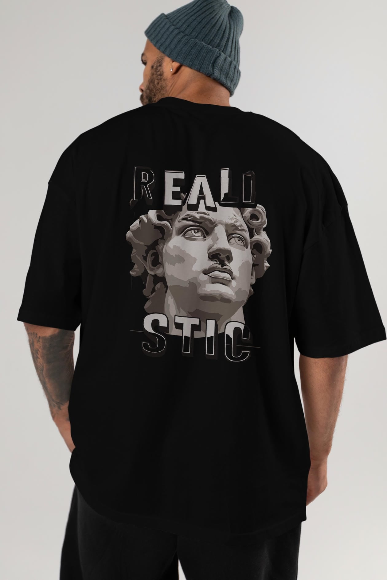 Realistic Arka Baskılı Oversize t-shirt Erkek Kadın %100 Pamuk Bisiklet Yaka tişort