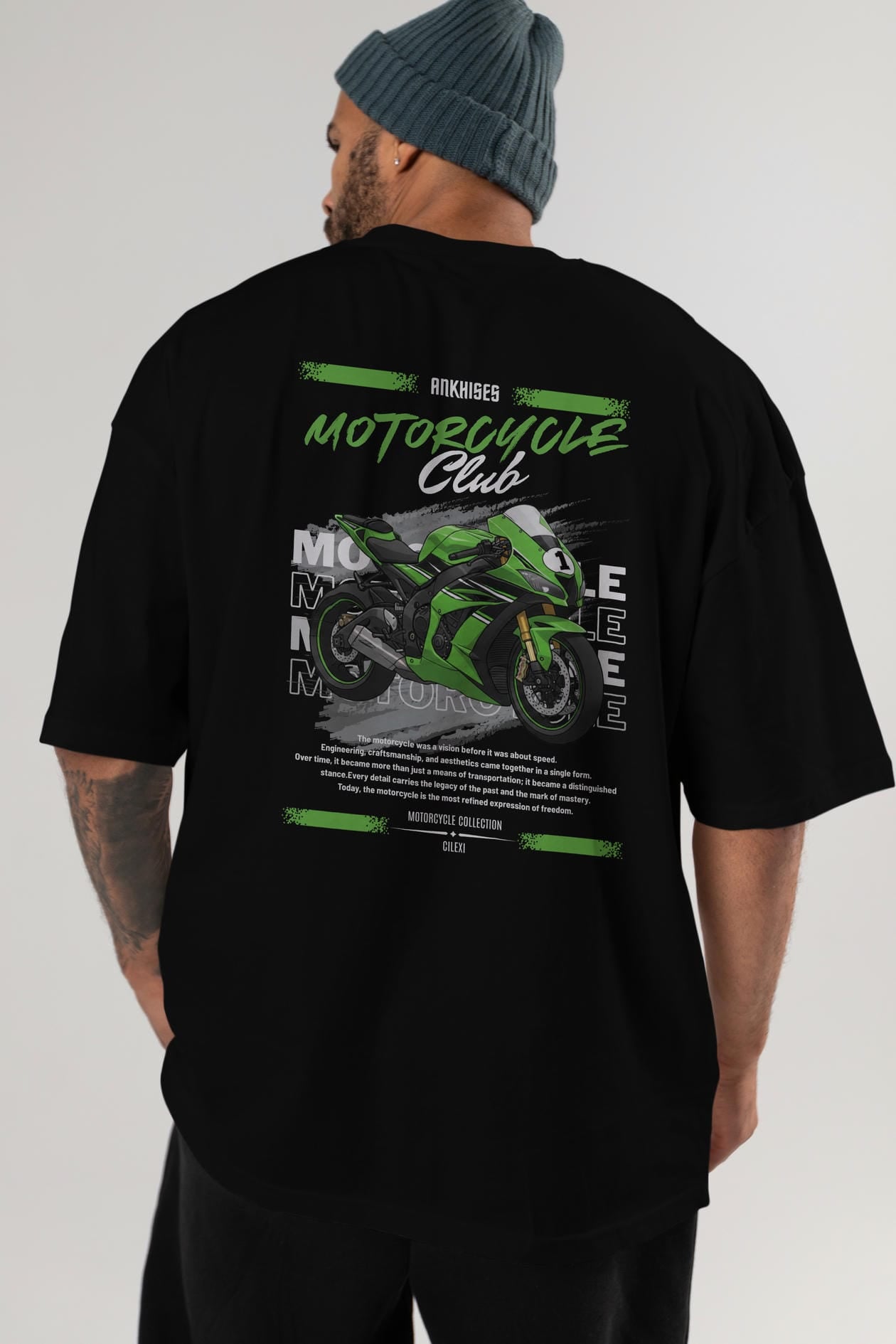 Motosiklet Serisi 6 Arka Baskılı Oversize t-shirt Erkek Kadın %100 Pamuk Bisiklet Yaka tişort