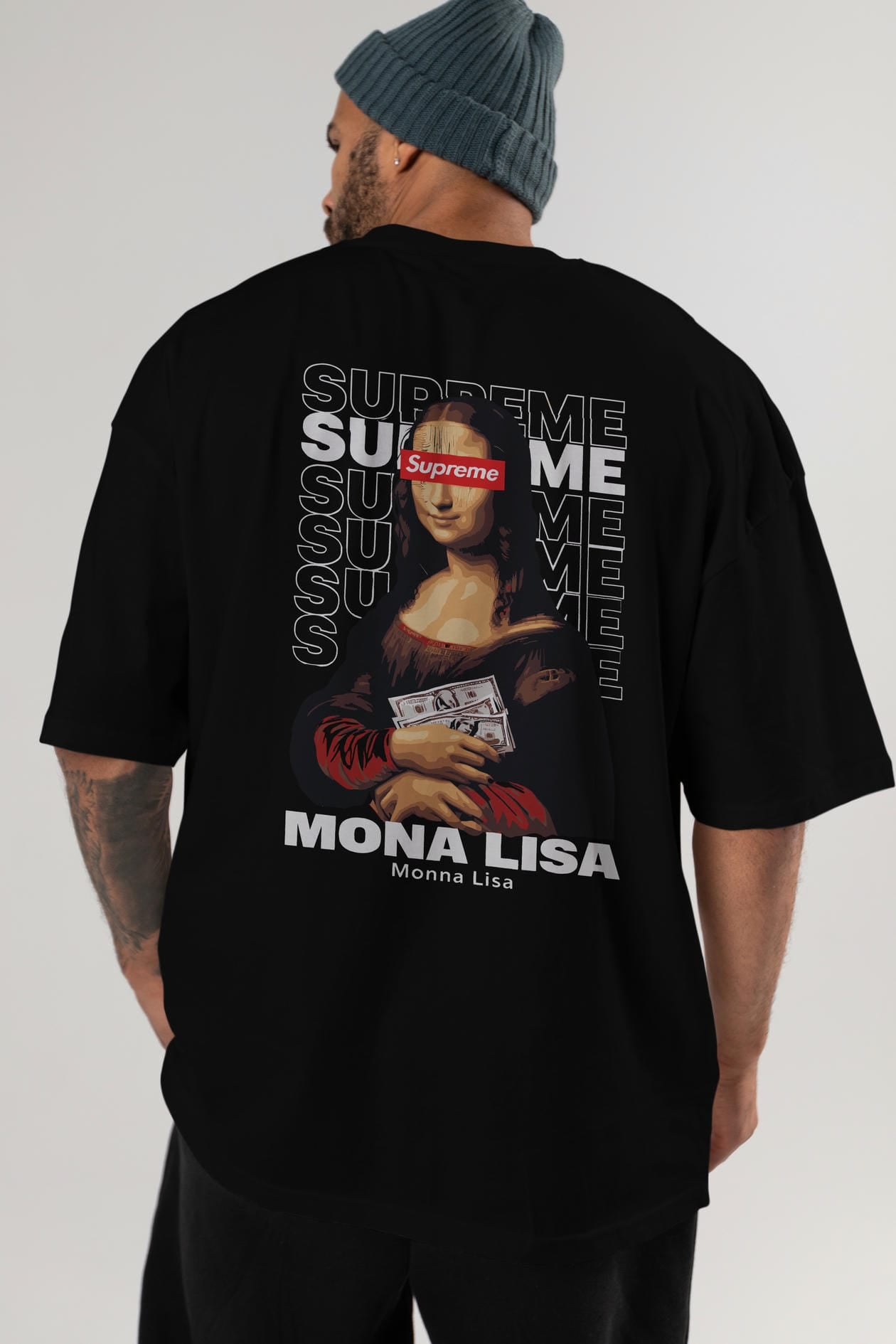 Mona Lisa Supreme Arka Baskılı Oversize t-shirt Erkek Kadın %100 Pamuk Bisiklet Yaka tişort