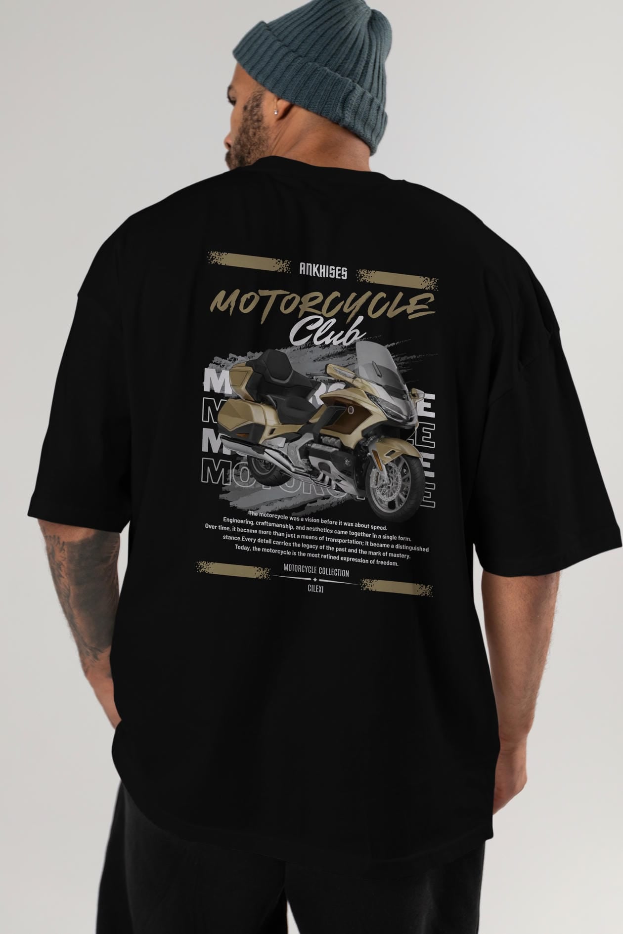 Motosiklet Serisi 28 Arka Baskılı Oversize t-shirt Erkek Kadın %100 Pamuk Bisiklet Yaka tişort