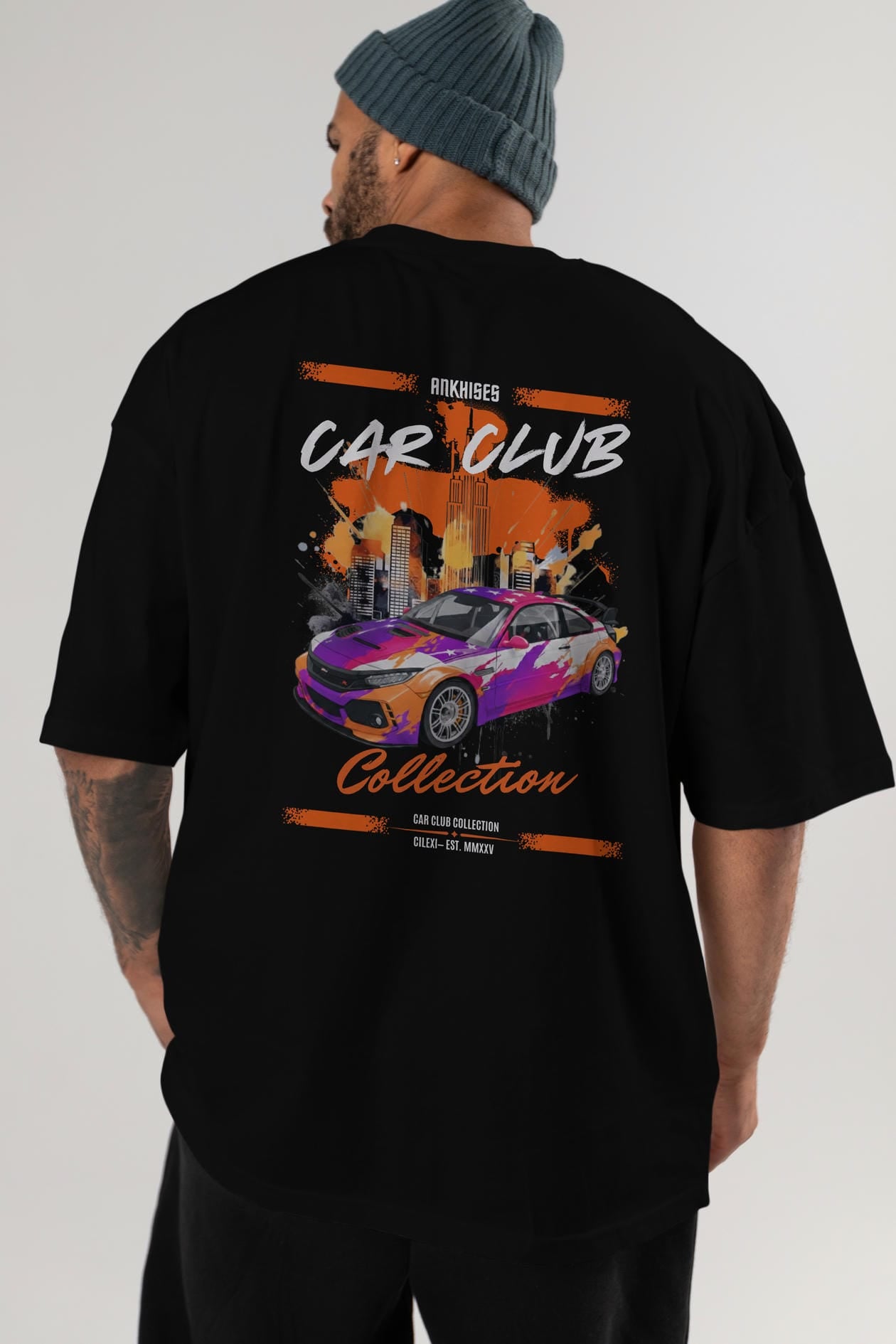 Araba Club Serisi 9 Baskılı Oversize t-shirt Erkek Kadın %100 Pamuk Bisiklet Yaka tişort