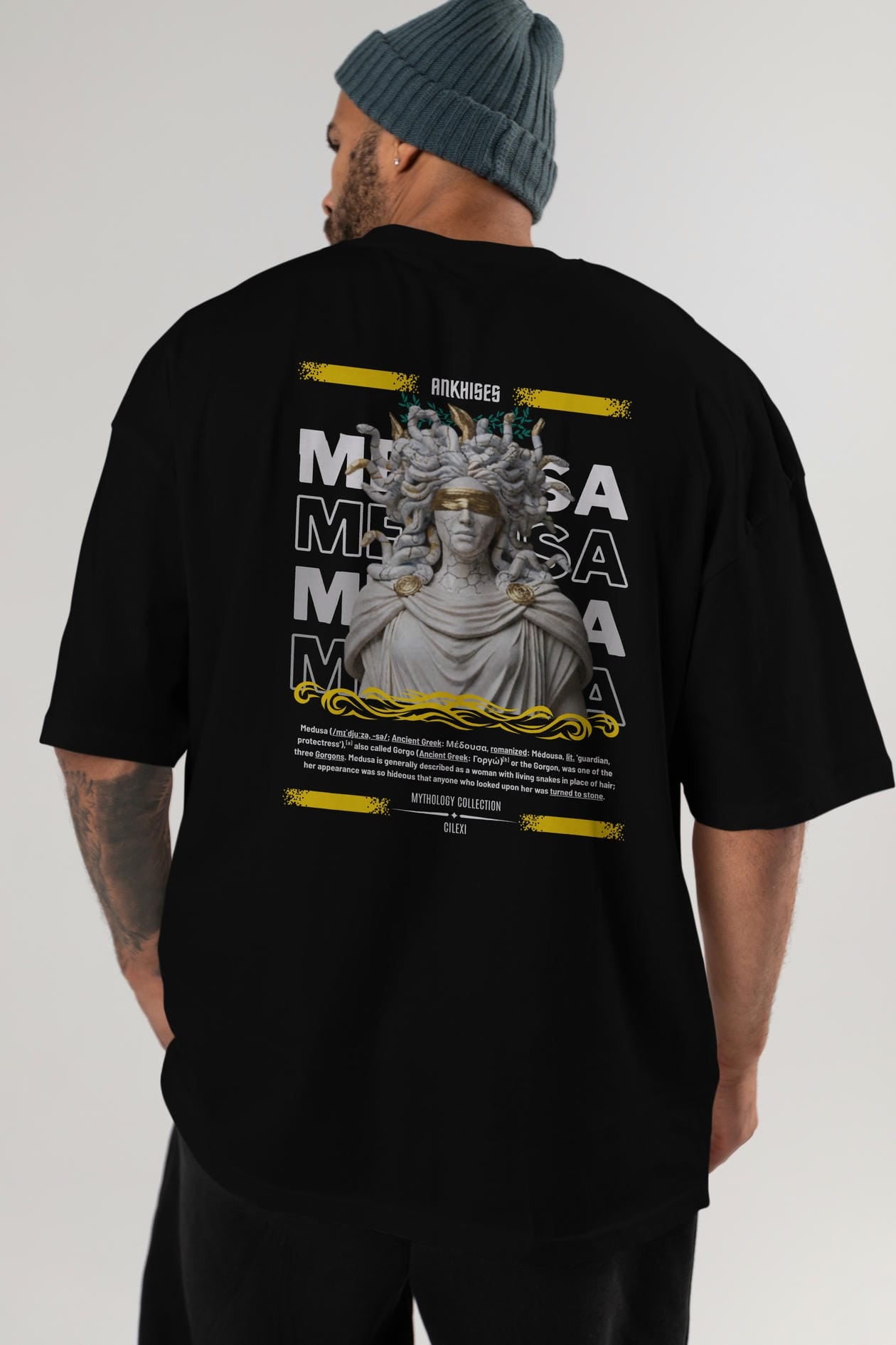 Medusa 2 Arka Baskılı Oversize t-shirt Erkek Kadın %100 Pamuk Bisiklet Yaka tişort