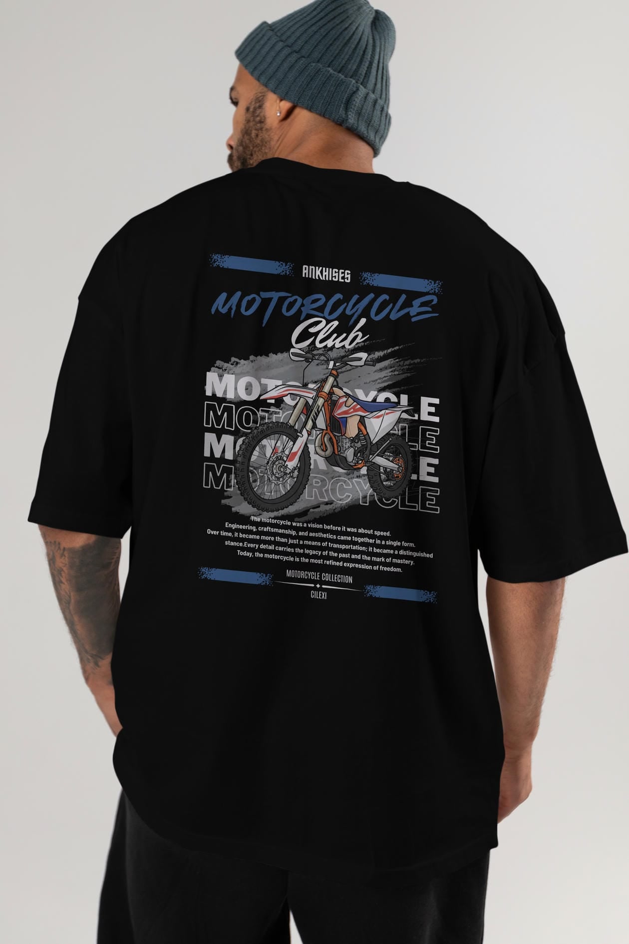Motosiklet Serisi 18 Arka Baskılı Oversize t-shirt Erkek Kadın %100 Pamuk Bisiklet Yaka tişort