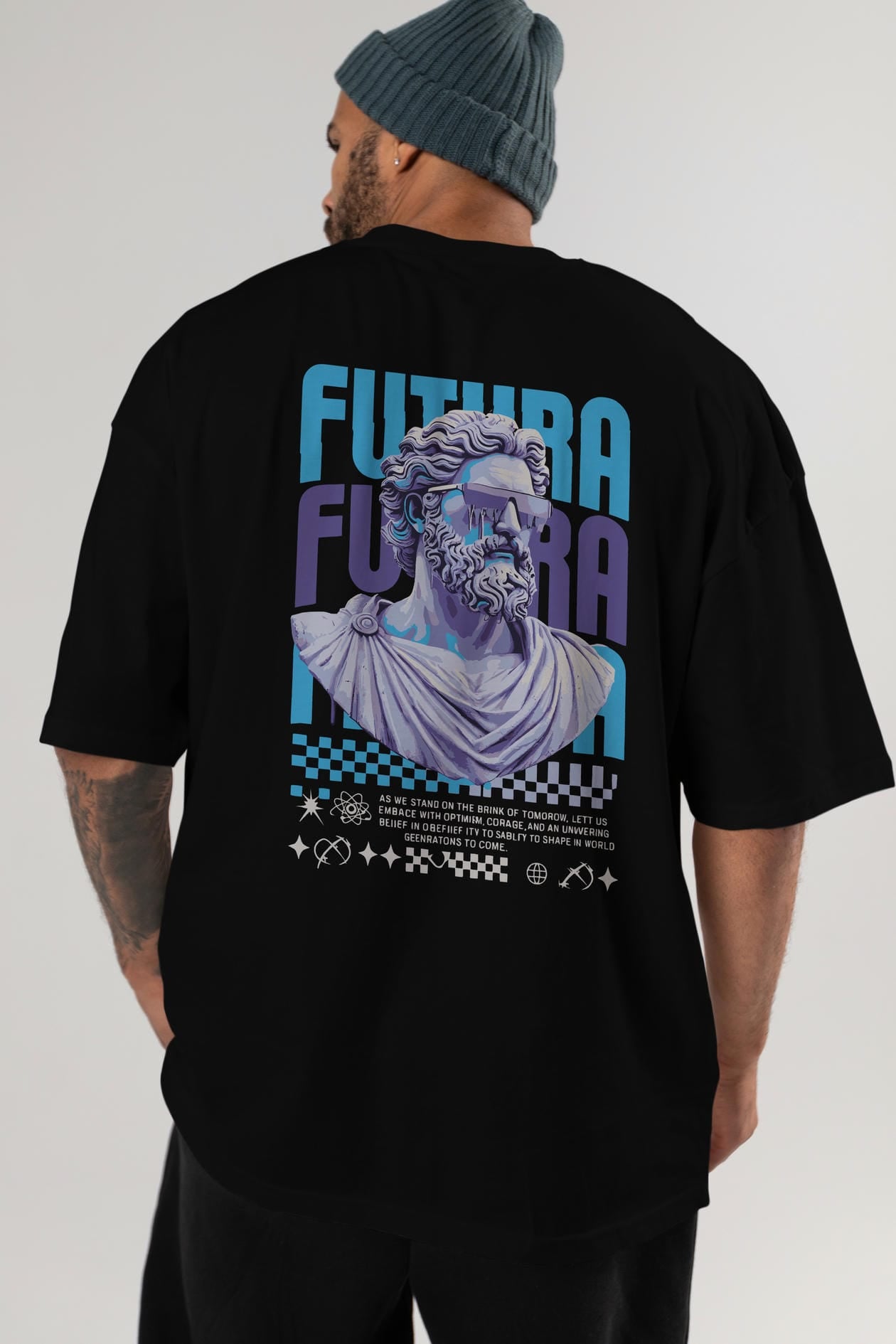 Futura Zeus Arka Baskılı Oversize t-shirt Erkek Kadın %100 Pamuk Bisiklet Yaka tişort