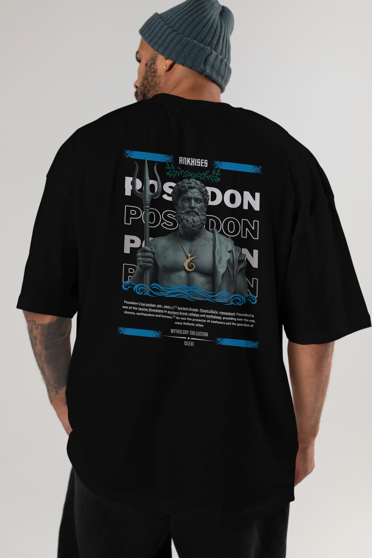 Poseidon 1 Arka Baskılı Oversize t-shirt Erkek Kadın %100 Pamuk Bisiklet Yaka tişort