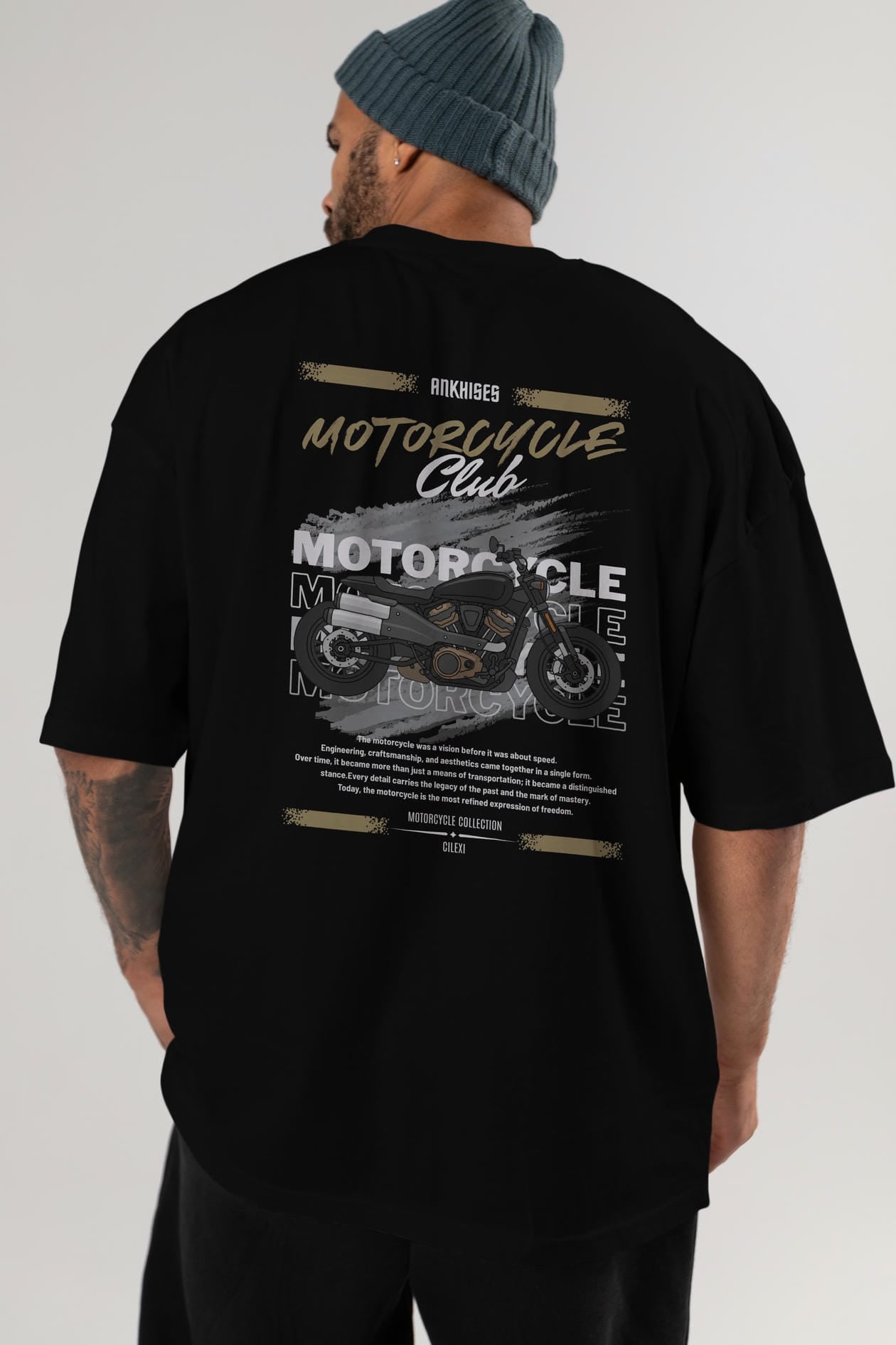 Motosiklet Serisi 29 Arka Baskılı Oversize t-shirt Erkek Kadın %100 Pamuk Bisiklet Yaka tişort
