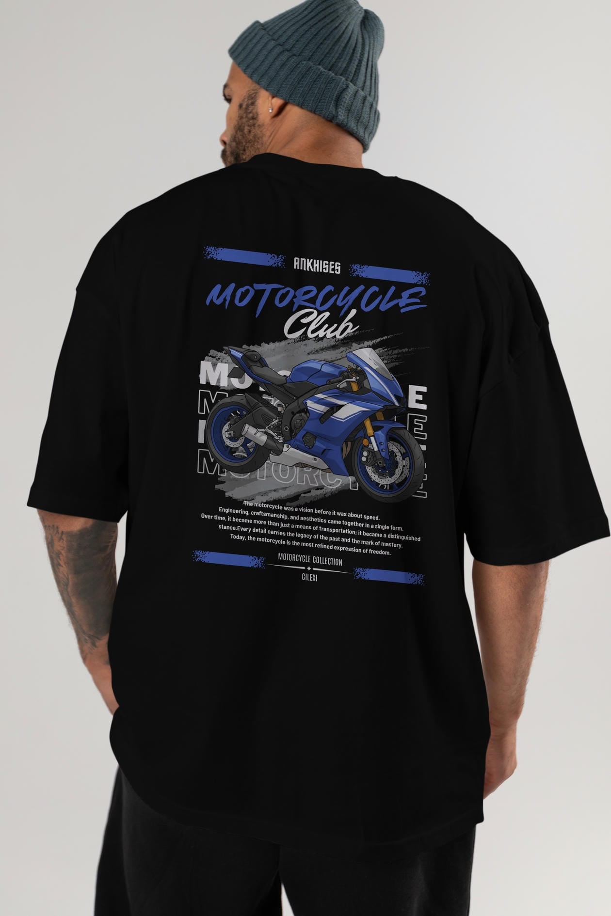 Motosiklet Serisi 32 Arka Baskılı Oversize t-shirt Erkek Kadın %100 Pamuk Bisiklet Yaka tişort