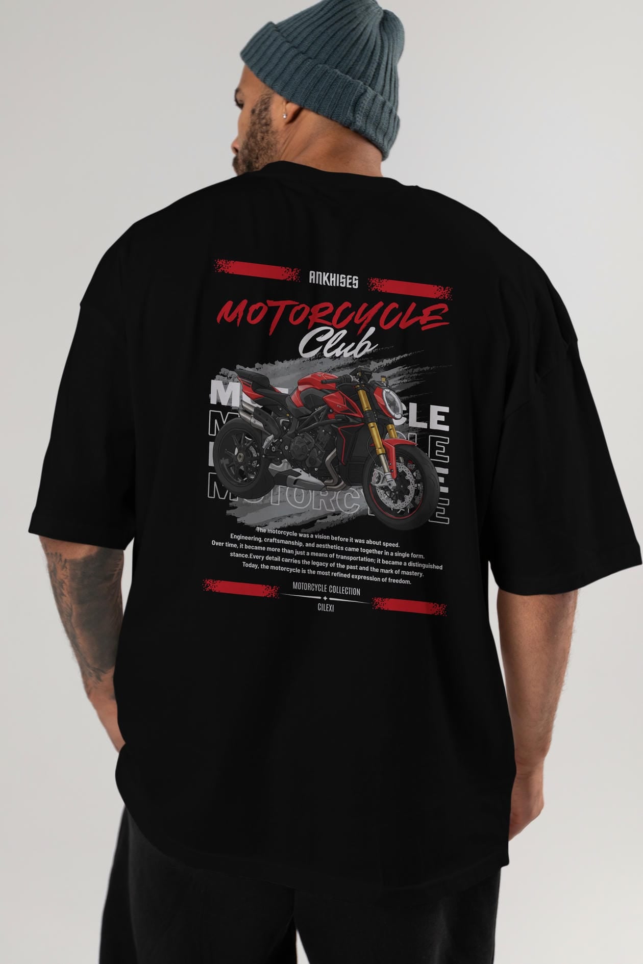 Motosiklet Serisi 26 Arka Baskılı Oversize t-shirt Erkek Kadın %100 Pamuk Bisiklet Yaka tişort