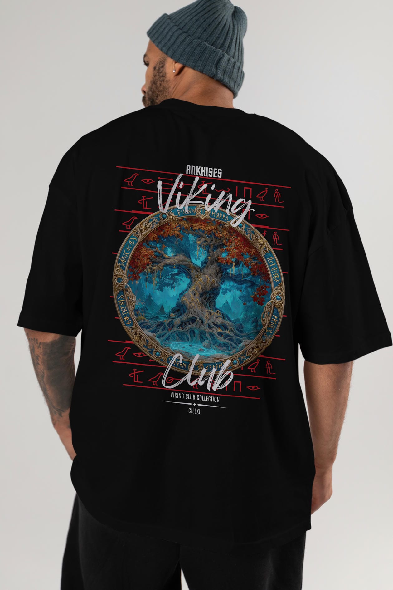 Yggdrasil Arka Baskılı Oversize t-shirt Erkek Kadın %100 Pamuk Bisiklet Yaka tişort