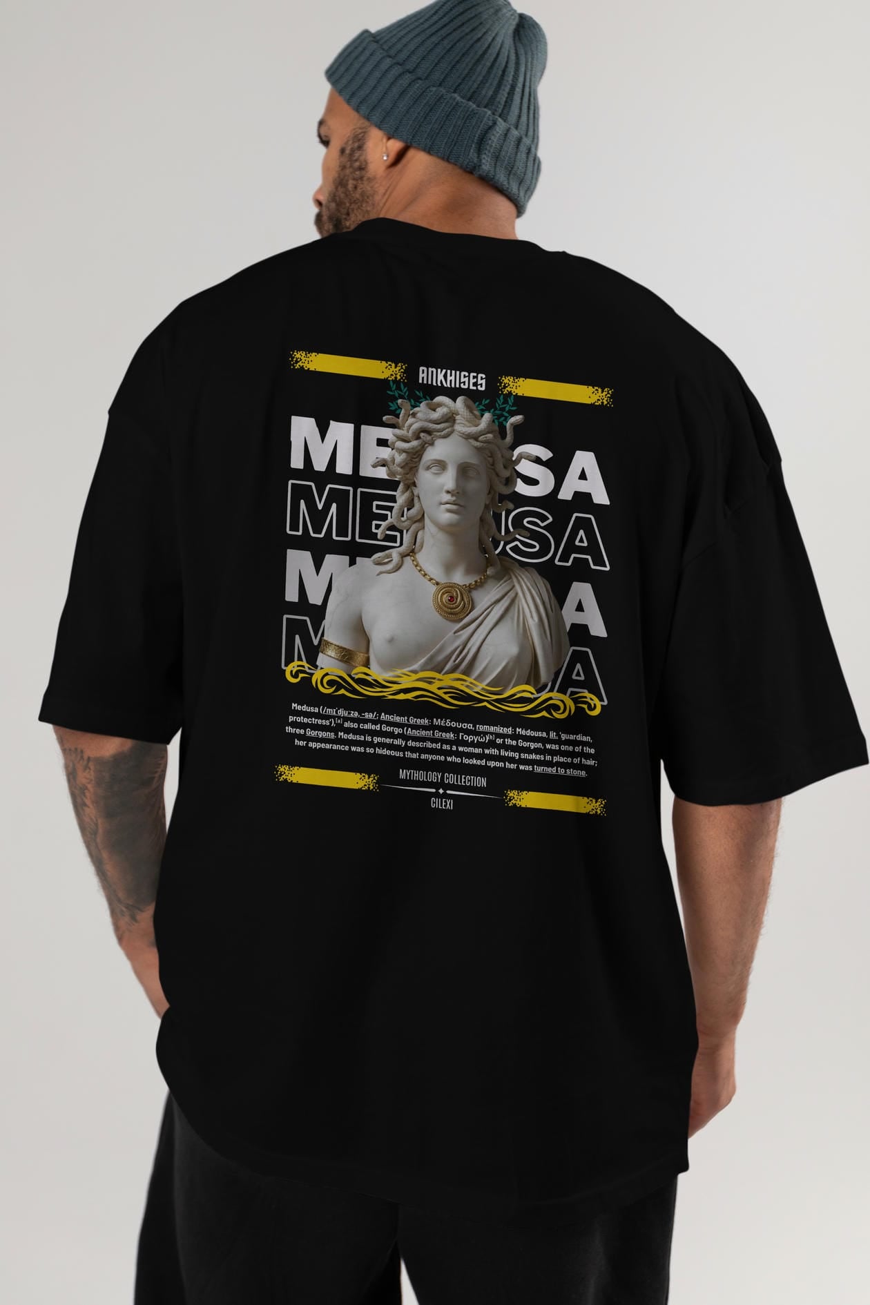 Medusa 3 Arka Baskılı Oversize t-shirt Erkek Kadın %100 Pamuk Bisiklet Yaka tişort