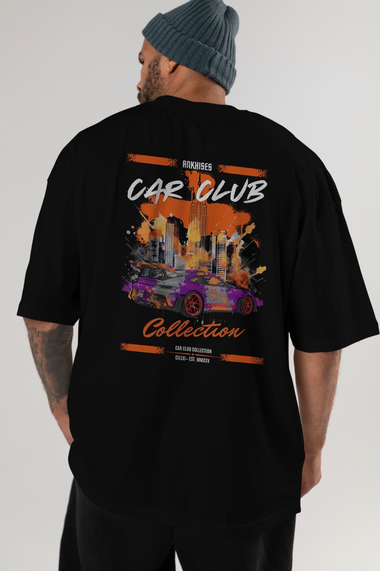 Araba Club Serisi 5 Baskılı Oversize t-shirt Erkek Kadın %100 Pamuk Bisiklet Yaka tişort