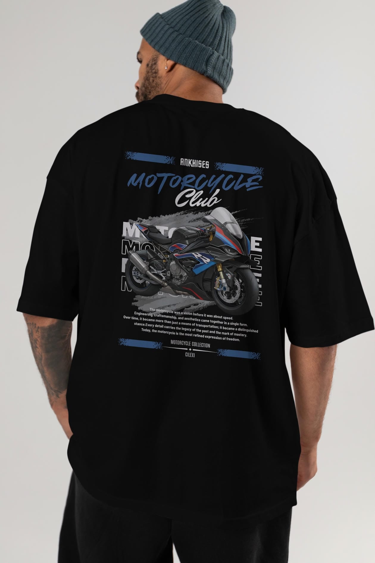 Motosiklet Serisi 1 Arka Baskılı Oversize t-shirt Erkek Kadın %100 Pamuk Bisiklet Yaka tişort