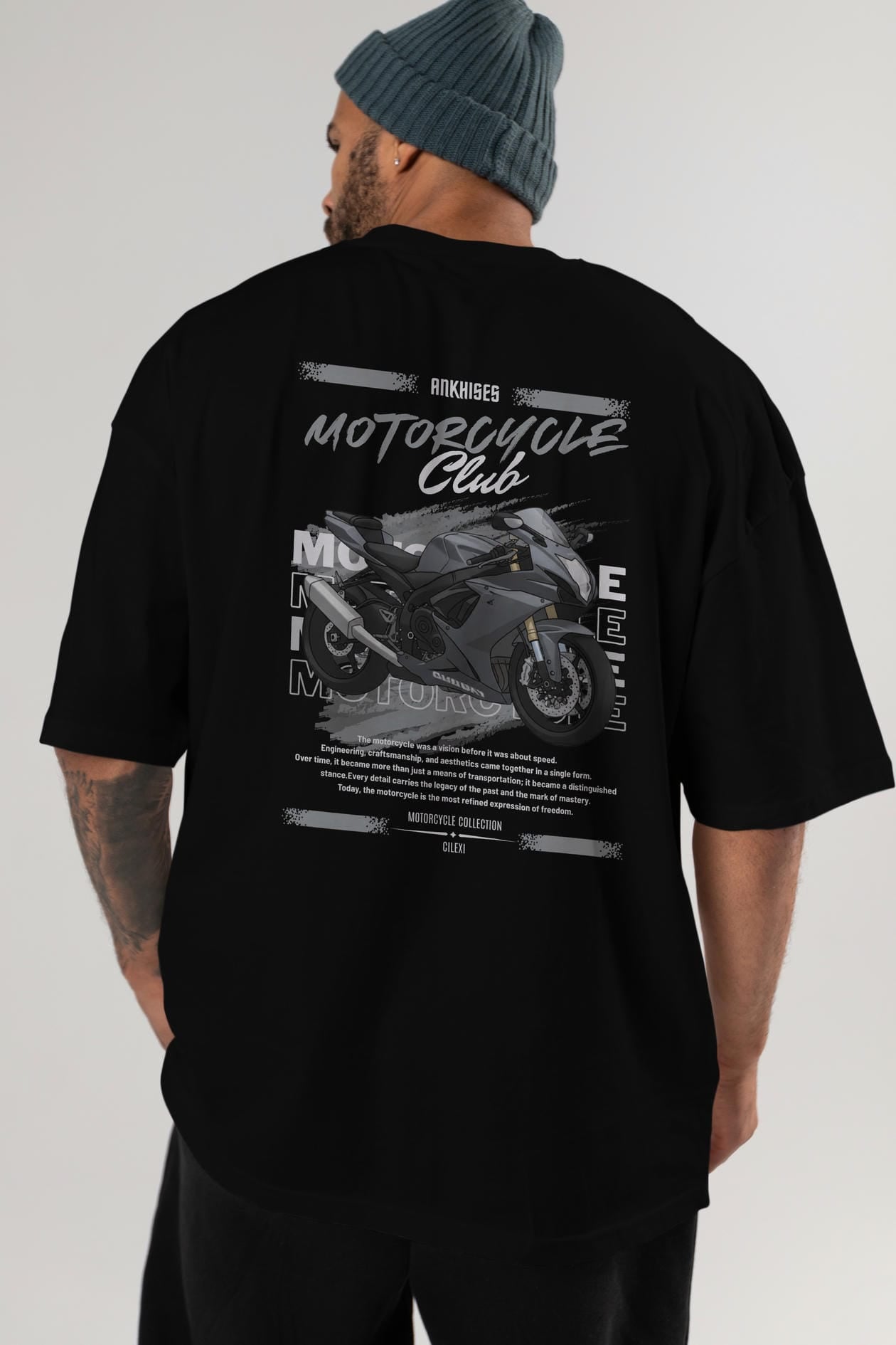 Motosiklet Serisi 10 Arka Baskılı Oversize t-shirt Erkek Kadın %100 Pamuk Bisiklet Yaka tişort