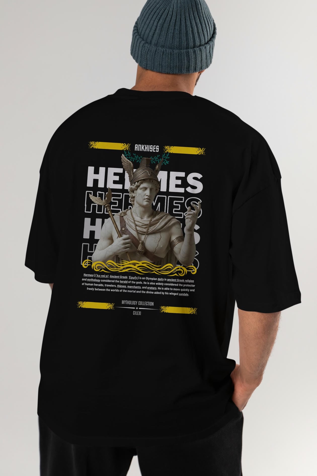 Hermes 1 Arka Baskılı Oversize t-shirt Erkek Kadın %100 Pamuk Bisiklet Yaka tişort