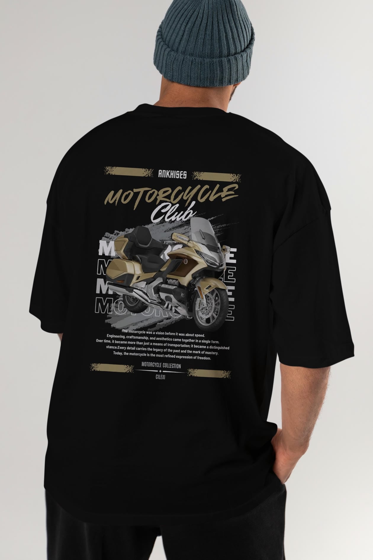 Motosiklet Serisi 28 Arka Baskılı Oversize t-shirt Erkek Kadın %100 Pamuk Bisiklet Yaka tişort