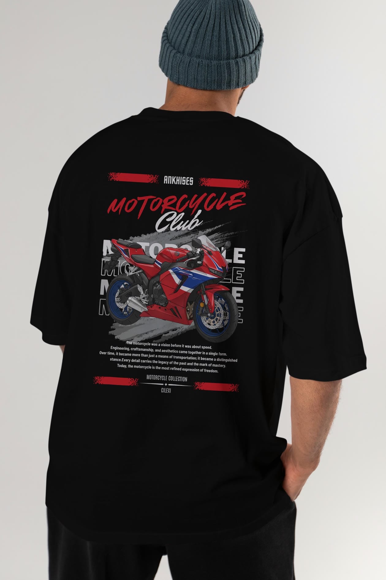 Motosiklet Serisi 24 Arka Baskılı Oversize t-shirt Erkek Kadın %100 Pamuk Bisiklet Yaka tişort