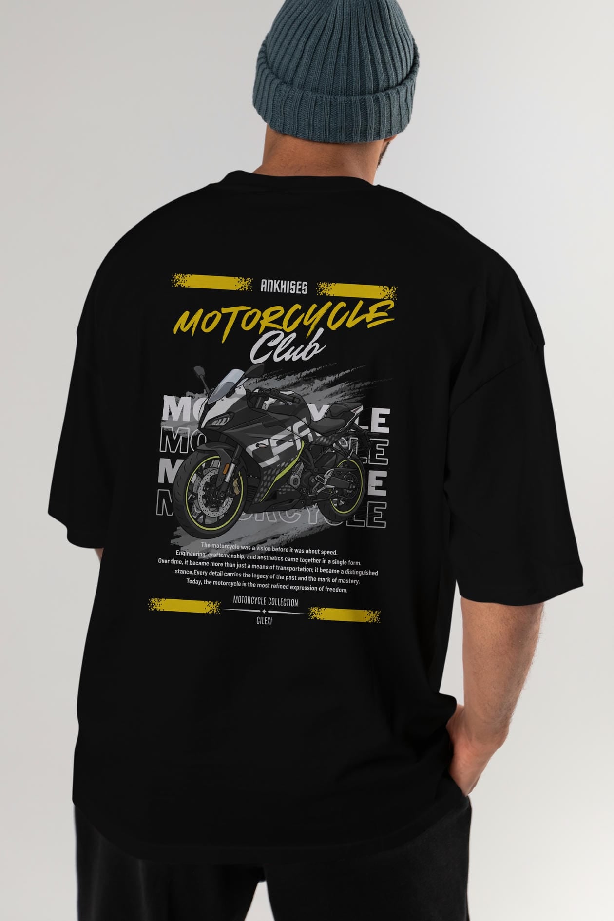 Motosiklet Serisi 16 Arka Baskılı Oversize t-shirt Erkek Kadın %100 Pamuk Bisiklet Yaka tişort