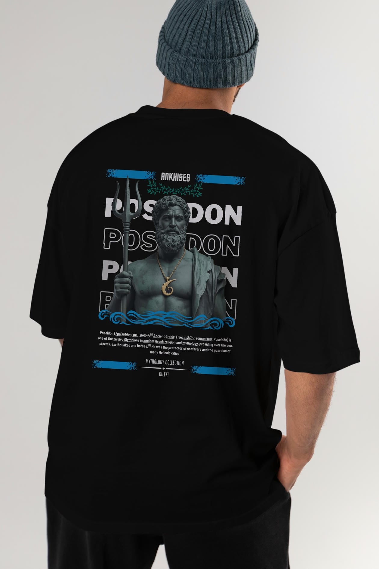Poseidon 1 Arka Baskılı Oversize t-shirt Erkek Kadın %100 Pamuk Bisiklet Yaka tişort