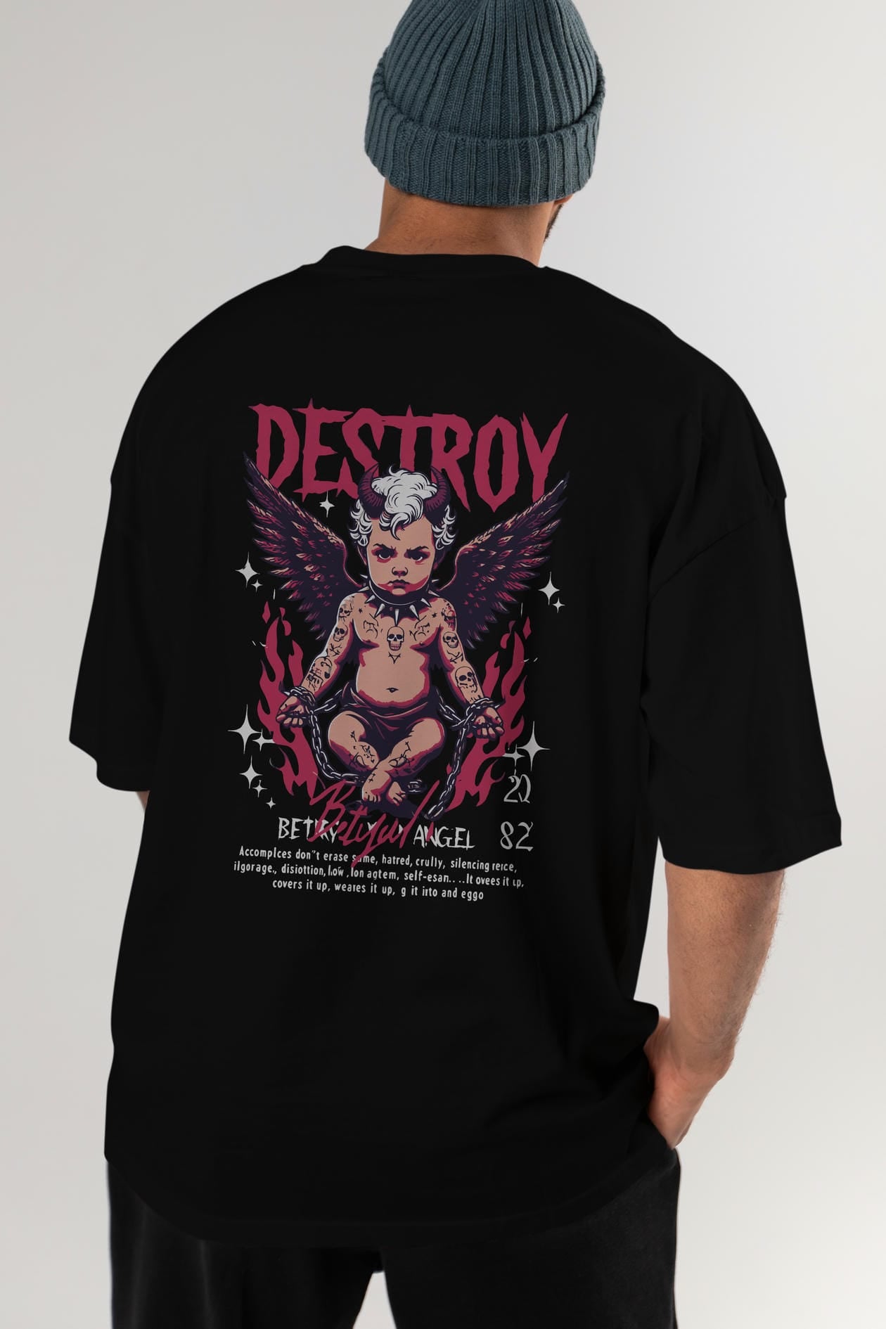 Destroy Arka Baskılı Oversize t-shirt Erkek Kadın %100 Pamuk Bisiklet Yaka tişort