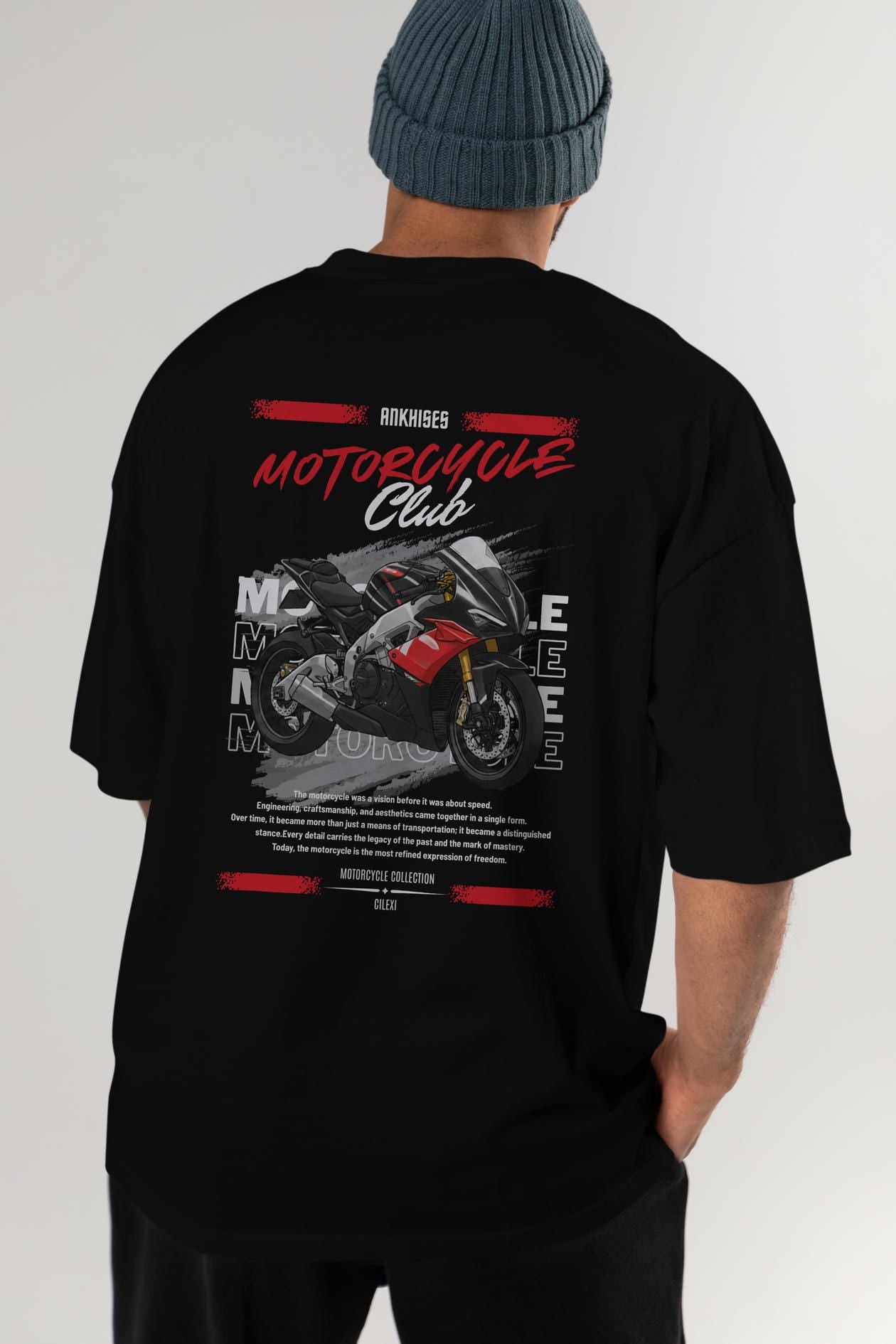 Motosiklet Serisi 8 Arka Baskılı Oversize t-shirt Erkek Kadın %100 Pamuk Bisiklet Yaka tişort