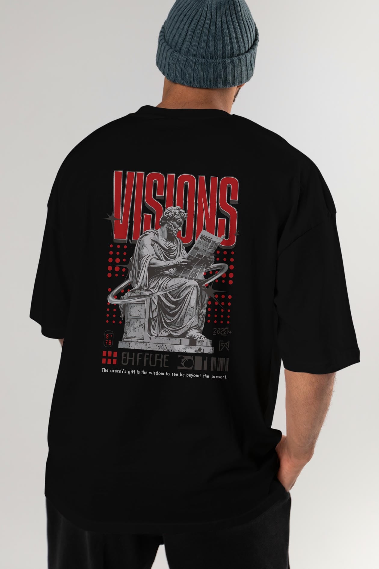 Visions Arka Baskılı Oversize t-shirt Erkek Kadın %100 Pamuk Bisiklet Yaka tişort