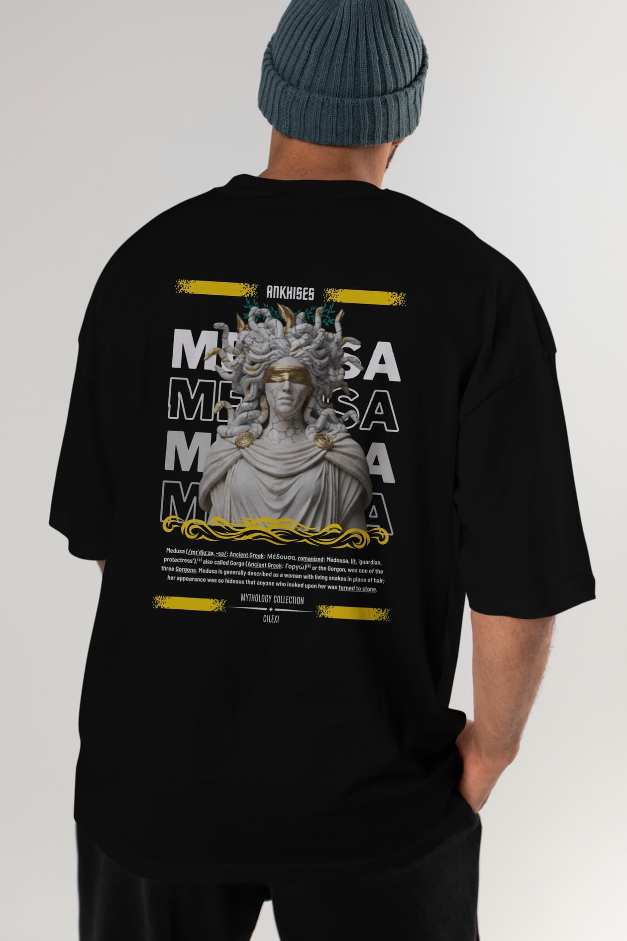 Medusa 2 Arka Baskılı Oversize t-shirt Erkek Kadın %100 Pamuk Bisiklet Yaka tişort