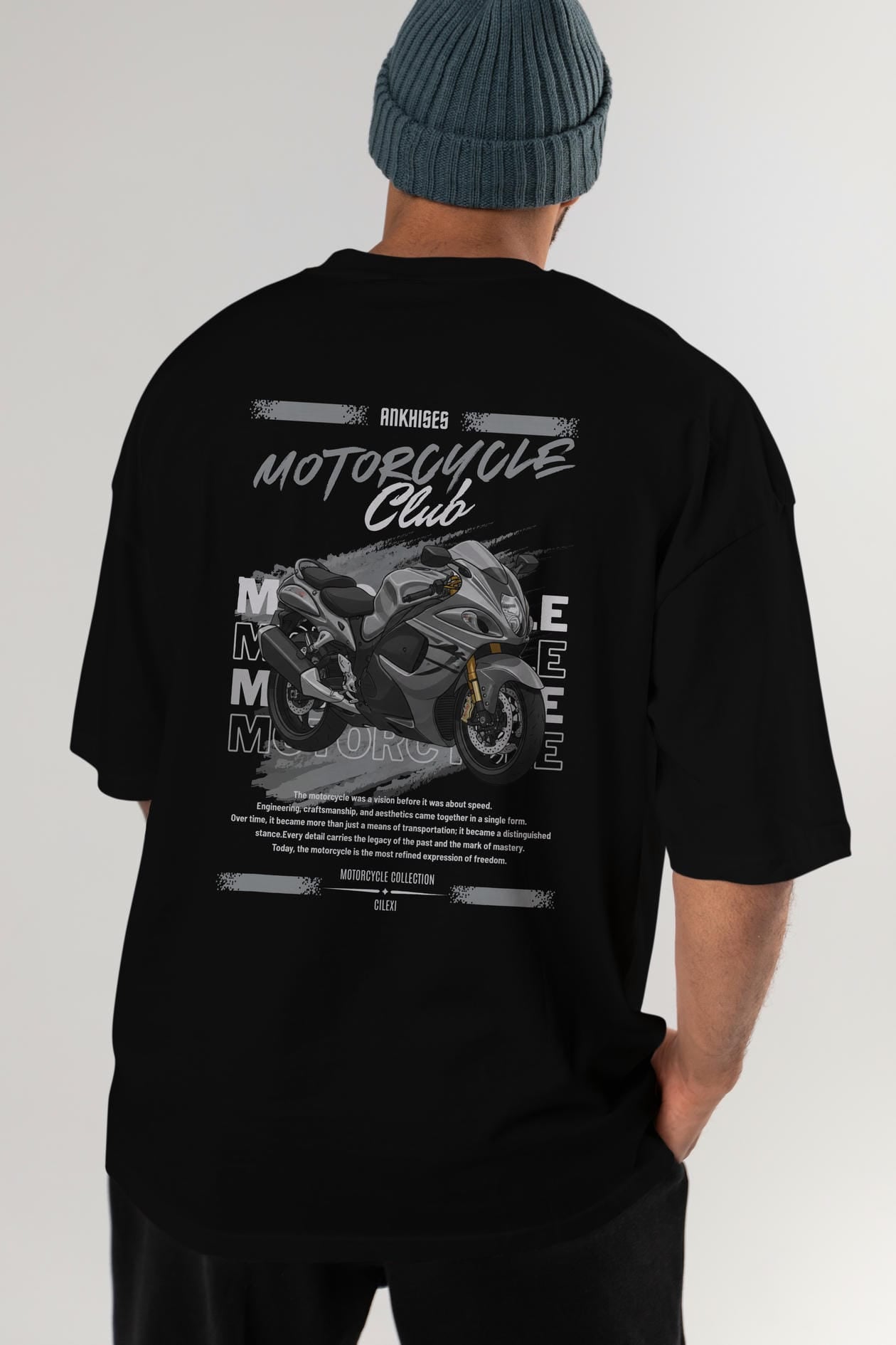 Motosiklet Serisi 9 Arka Baskılı Oversize t-shirt Erkek Kadın %100 Pamuk Bisiklet Yaka tişort