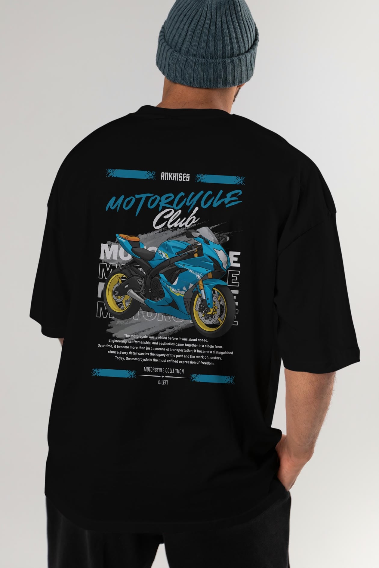 Motosiklet Serisi 11 Arka Baskılı Oversize t-shirt Erkek Kadın %100 Pamuk Bisiklet Yaka tişort