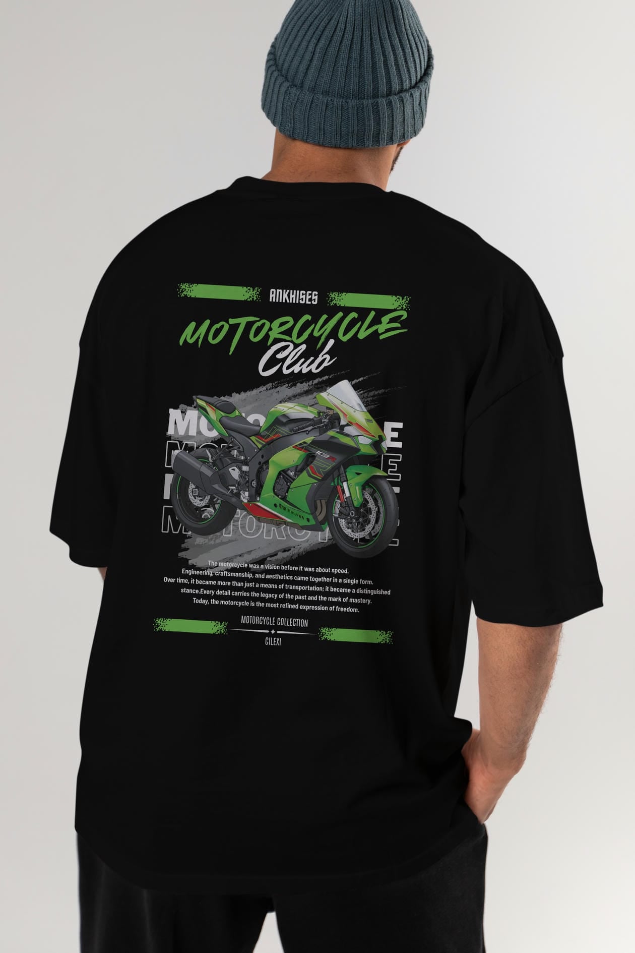 Motosiklet Serisi 14 Arka Baskılı Oversize t-shirt Erkek Kadın %100 Pamuk Bisiklet Yaka tişort