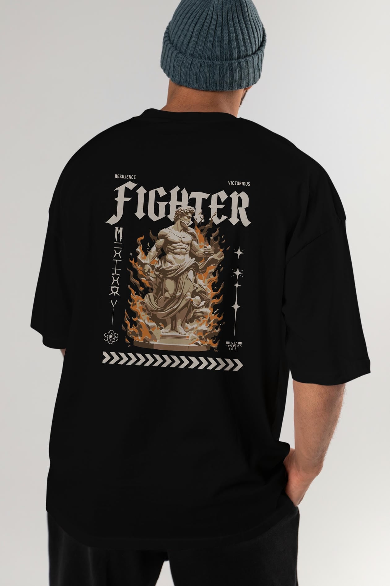 Fighter Arka Baskılı Oversize t-shirt Erkek Kadın %100 Pamuk Bisiklet Yaka tişort