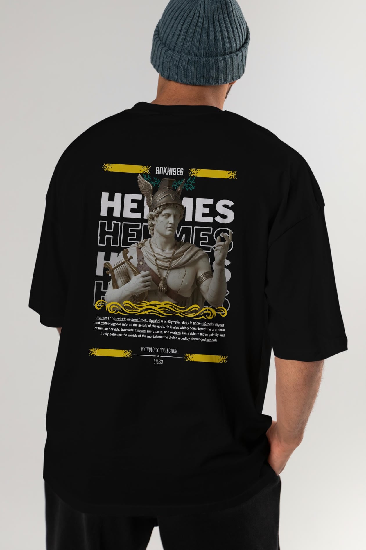 Hermes 2 Arka Baskılı Oversize t-shirt Erkek Kadın %100 Pamuk Bisiklet Yaka tişort