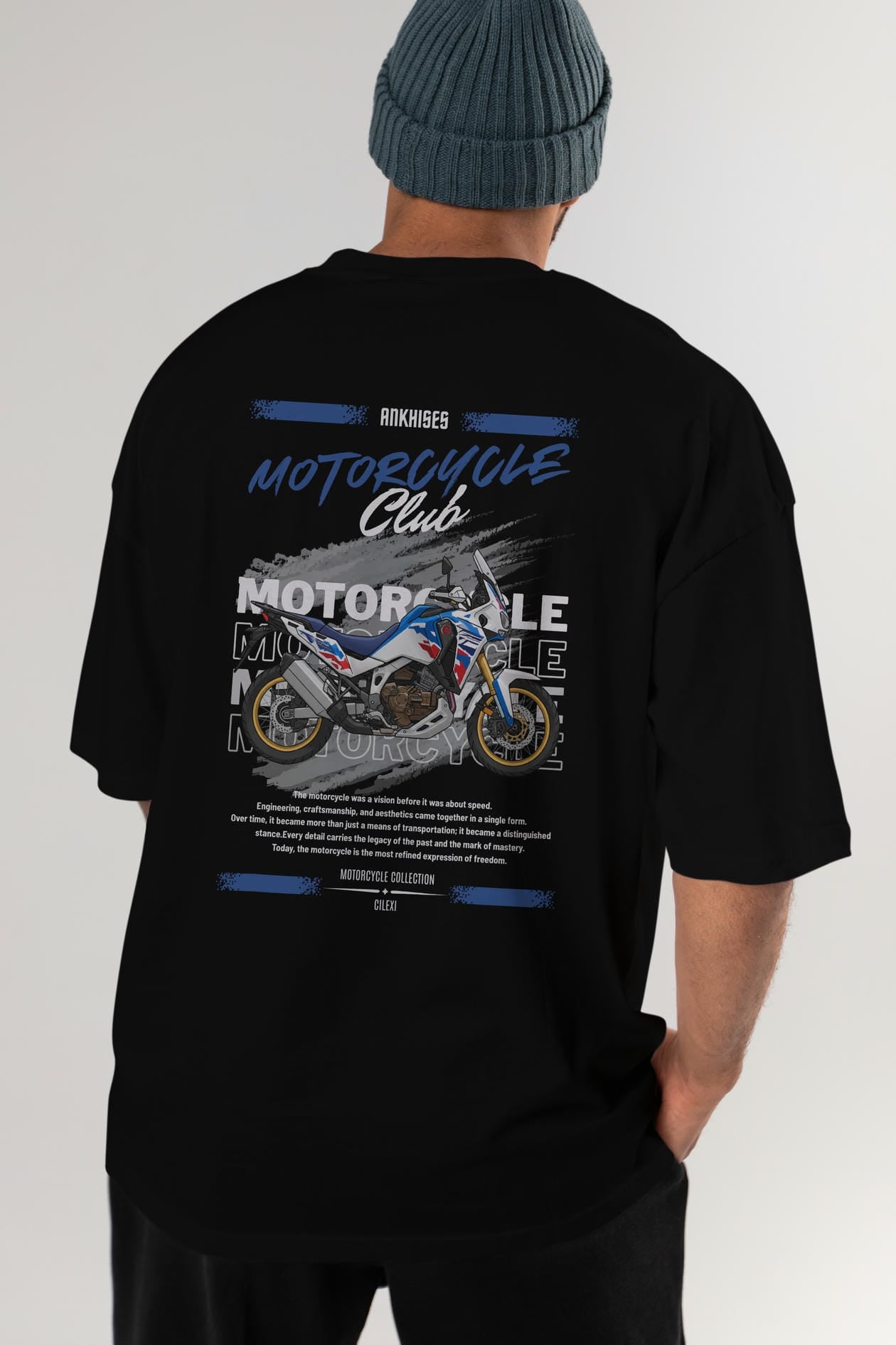 Motosiklet Serisi 23 Arka Baskılı Oversize t-shirt Erkek Kadın %100 Pamuk Bisiklet Yaka tişort