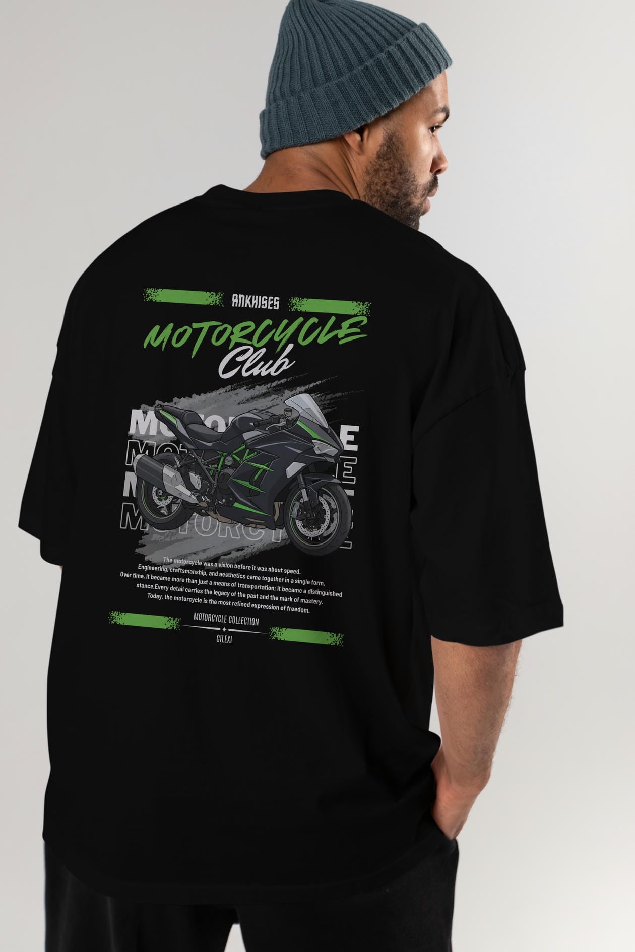 Motosiklet Serisi 13 Arka Baskılı Oversize t-shirt Erkek Kadın %100 Pamuk Bisiklet Yaka tişort