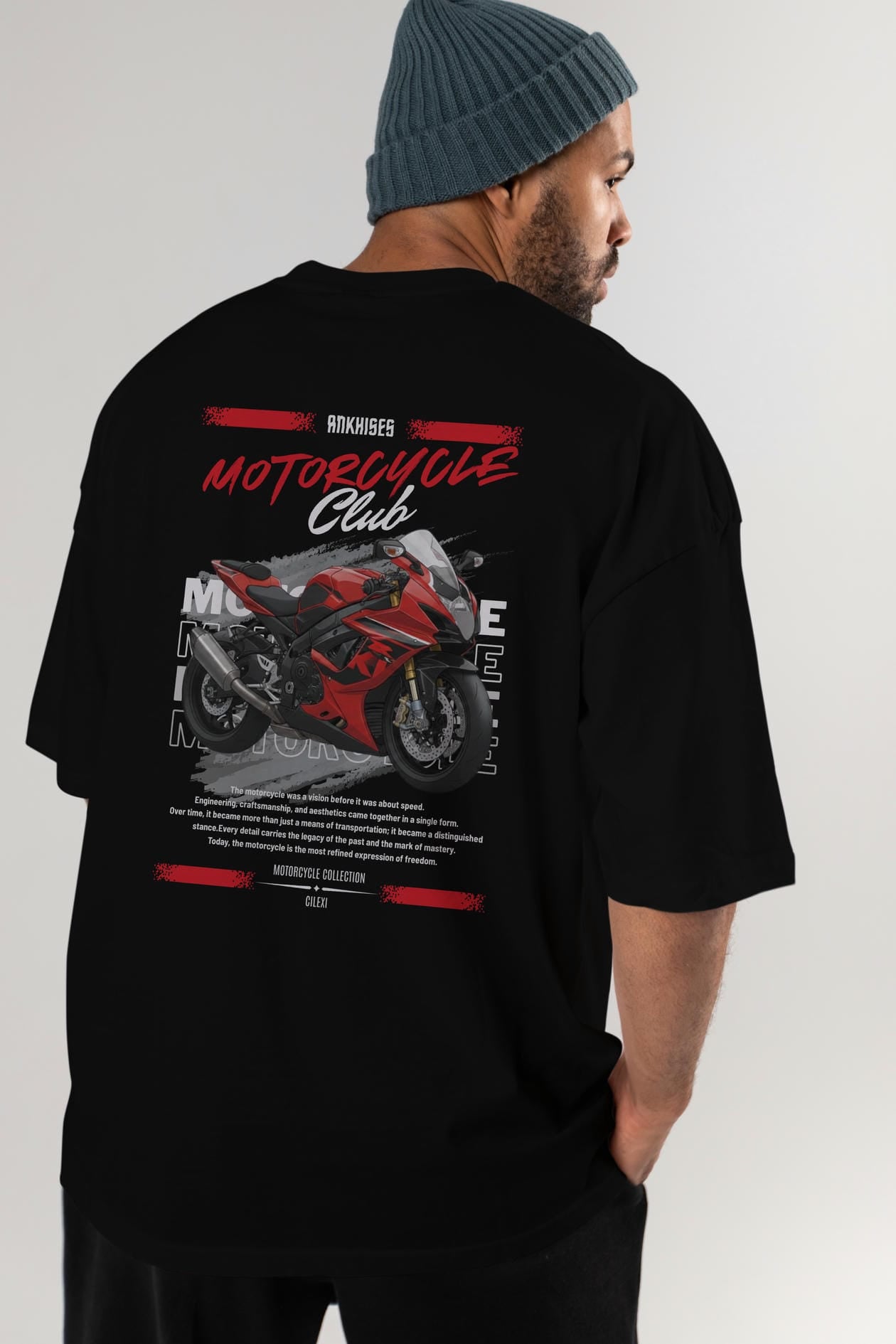 Motosiklet Serisi 5 Arka Baskılı Oversize t-shirt Erkek Kadın %100 Pamuk Bisiklet Yaka tişort
