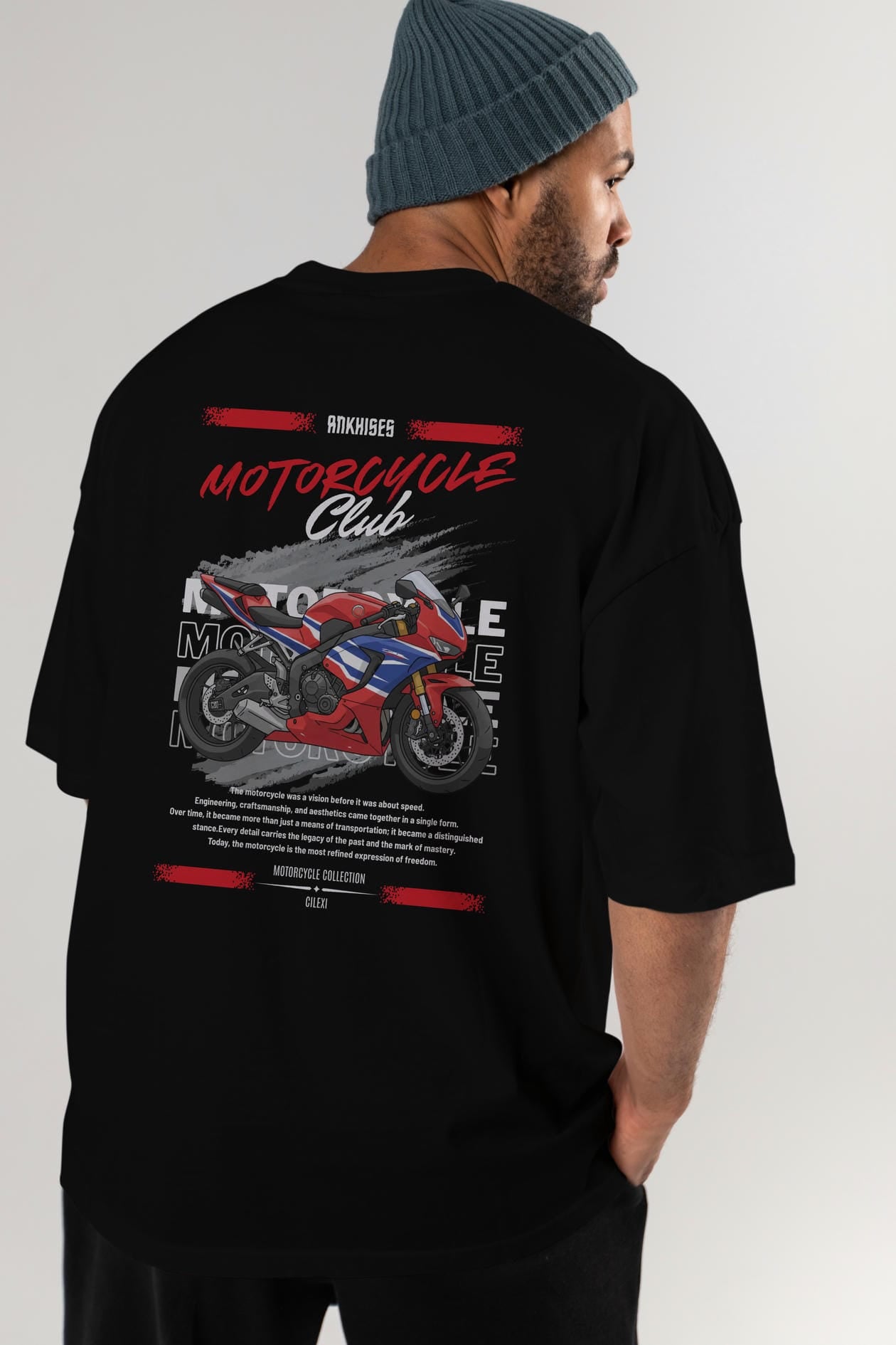 Motosiklet Serisi 25 Arka Baskılı Oversize t-shirt Erkek Kadın %100 Pamuk Bisiklet Yaka tişort