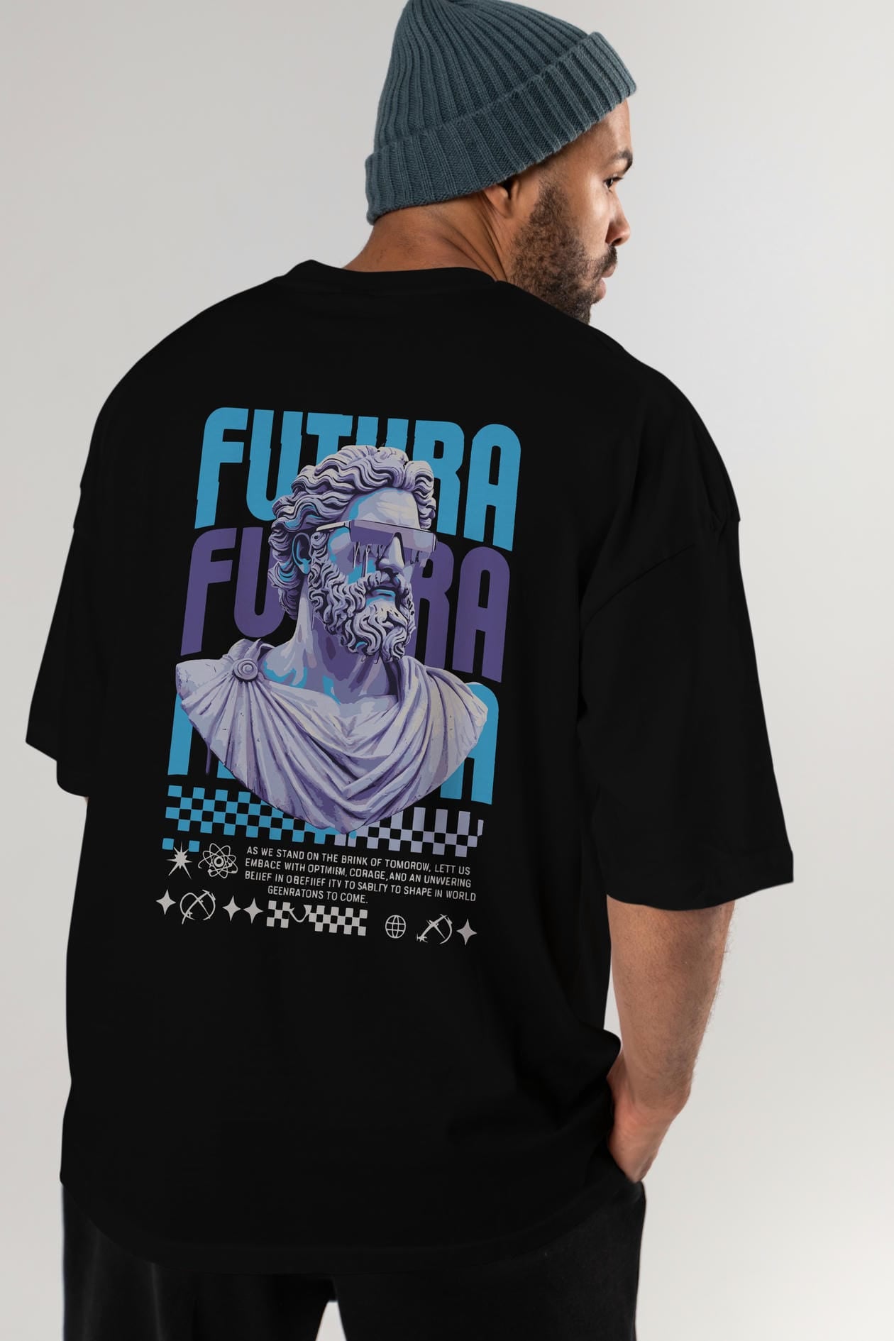 Futura Zeus Arka Baskılı Oversize t-shirt Erkek Kadın %100 Pamuk Bisiklet Yaka tişort