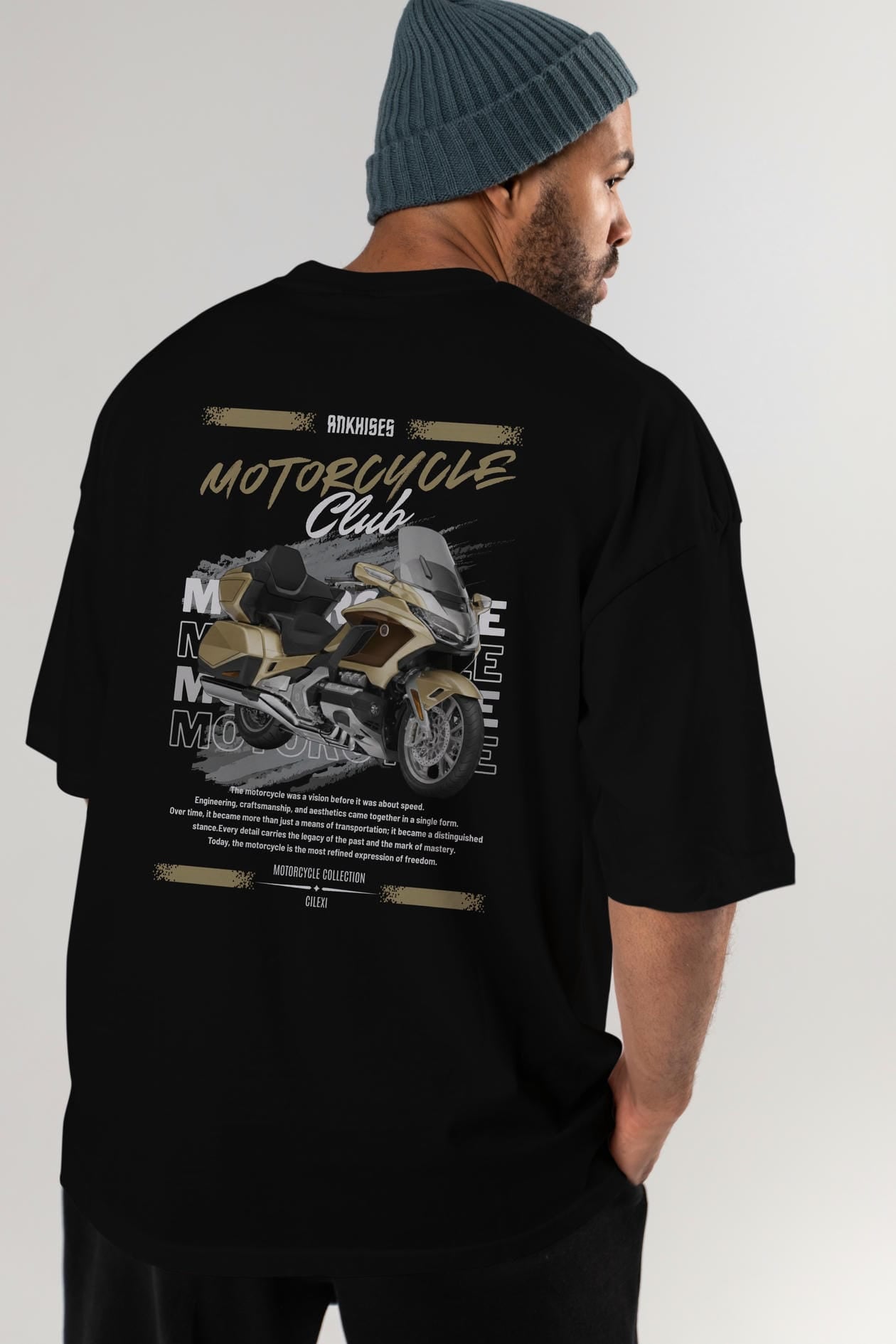 Motosiklet Serisi 28 Arka Baskılı Oversize t-shirt Erkek Kadın %100 Pamuk Bisiklet Yaka tişort