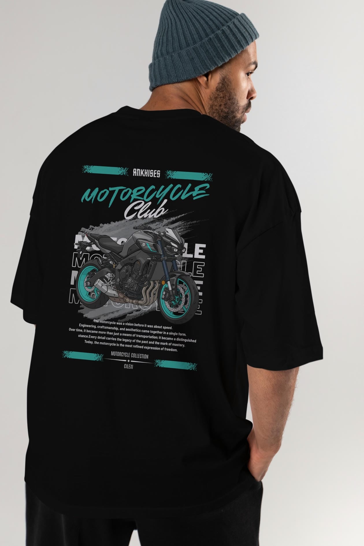Motosiklet Serisi 21 Arka Baskılı Oversize t-shirt Erkek Kadın %100 Pamuk Bisiklet Yaka tişort
