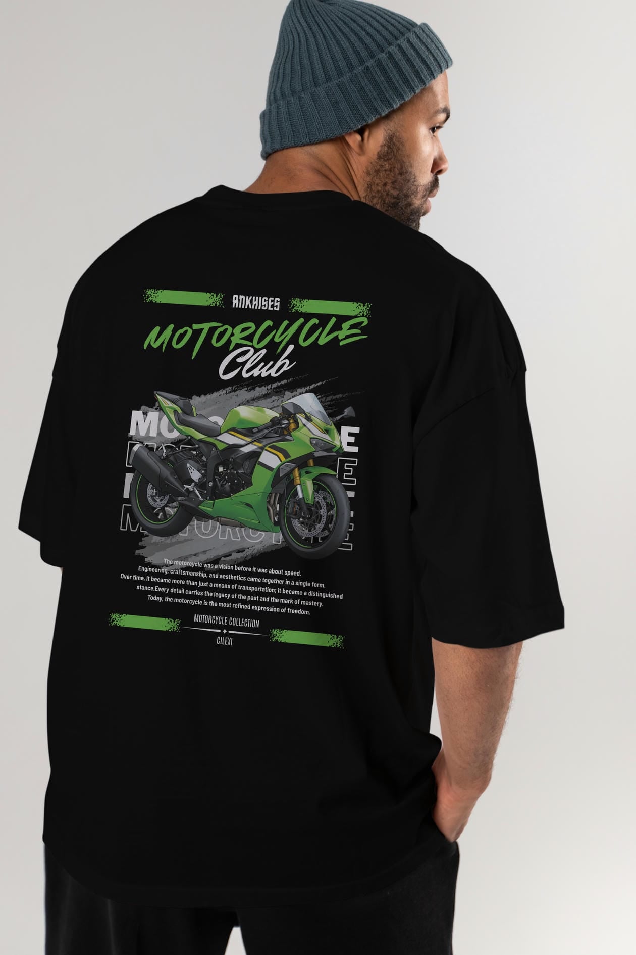 Motosiklet Serisi 15 Arka Baskılı Oversize t-shirt Erkek Kadın %100 Pamuk Bisiklet Yaka tişort